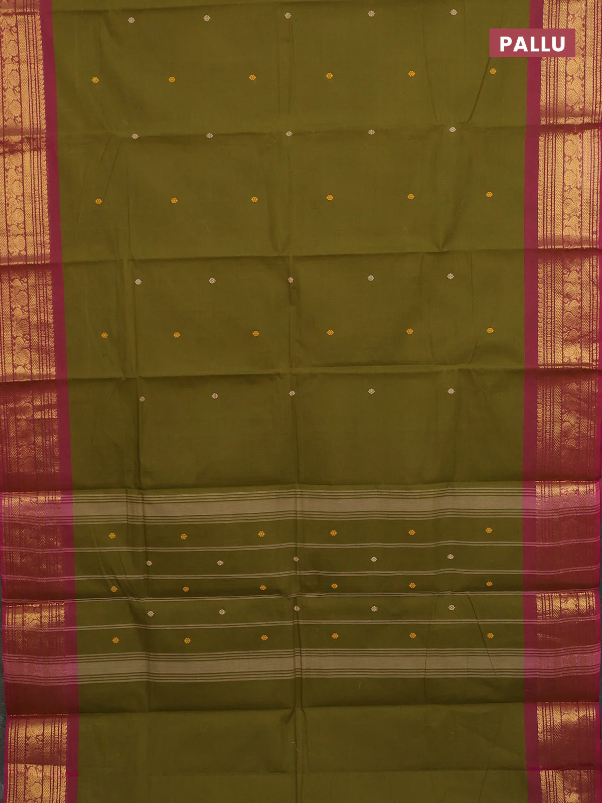 Chettinad cotton saree mehendi green and pink with thread woven buttas and zari woven border - Image 3