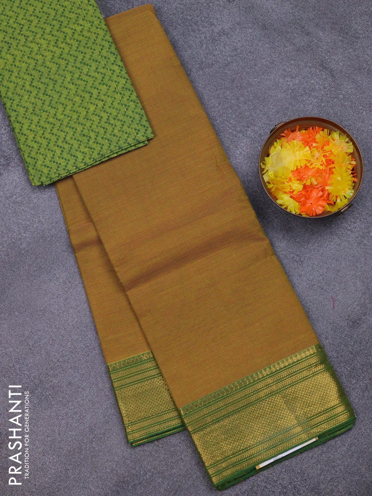 Chettinad cotton saree mustard green and light green with allover small checked pattern and zari woven border