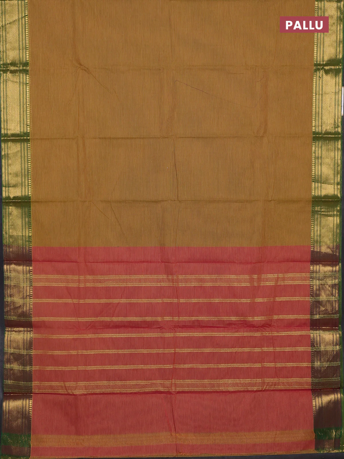 Chettinad cotton saree mustard green and light green with allover small checked pattern and zari woven border - Image 3