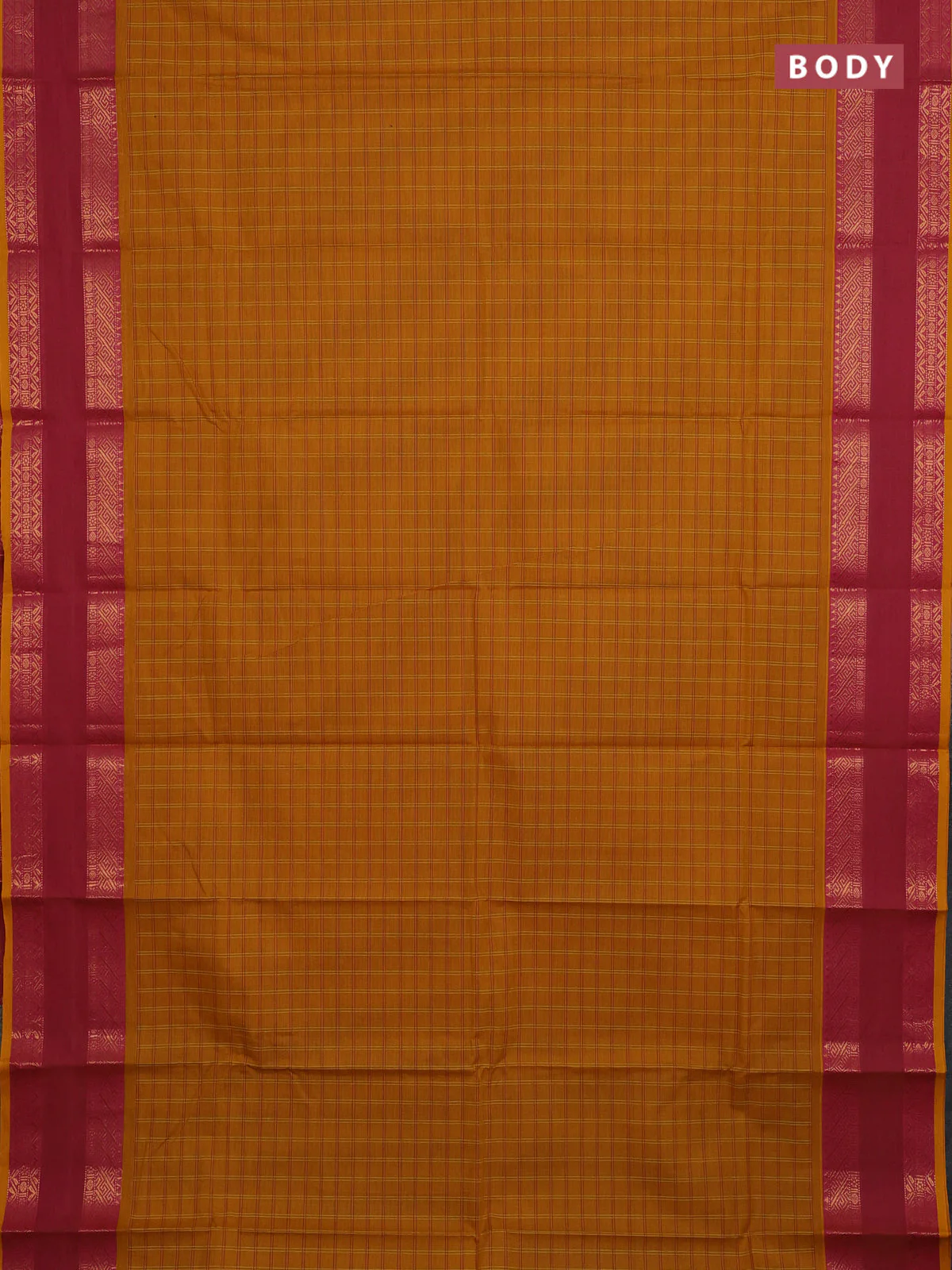 Chettinad cotton saree mustard yellow and dual shade of purple with allover checked pattern and rettapet zari woven border - Image 2