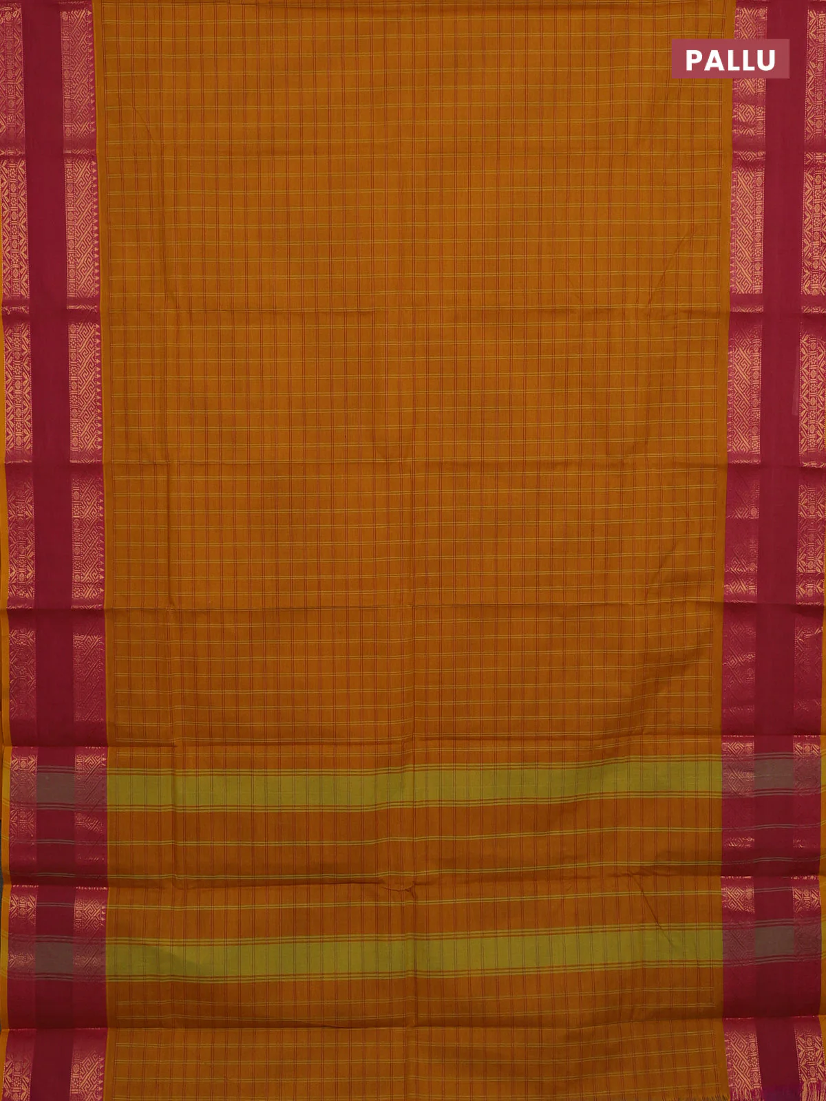 Chettinad cotton saree mustard yellow and dual shade of purple with allover checked pattern and rettapet zari woven border - Image 3