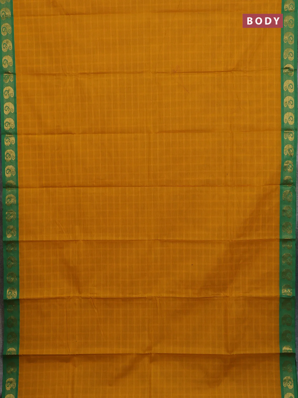 Chettinad cotton saree mustard yellow and green with allover checked pattern and paisley zari woven border - Image 2