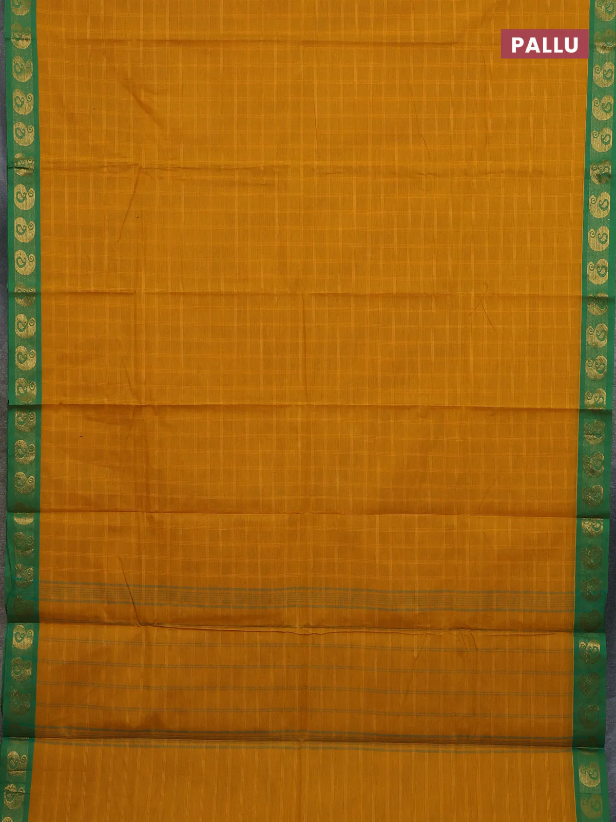 Chettinad cotton saree mustard yellow and green with allover checked pattern and paisley zari woven border - Image 3