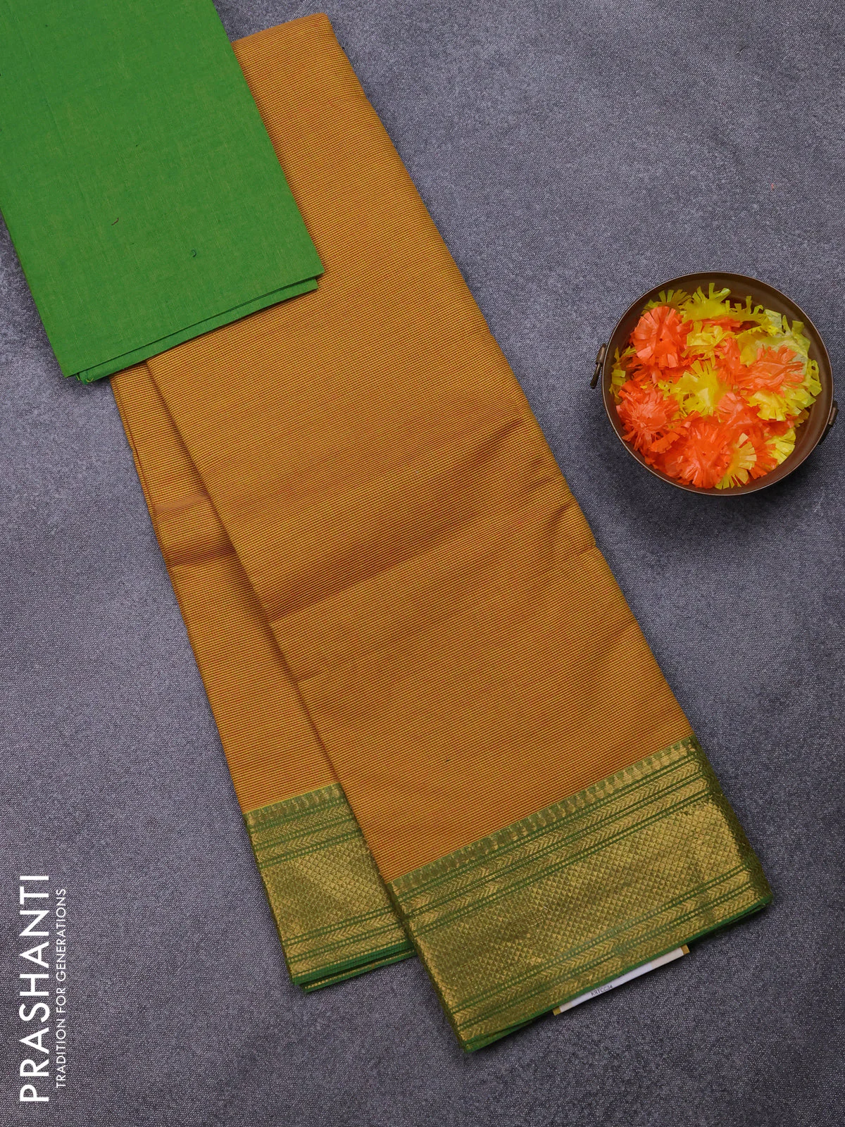 Chettinad cotton saree mustard yellow and green with allover small checked pattern and zari woven border