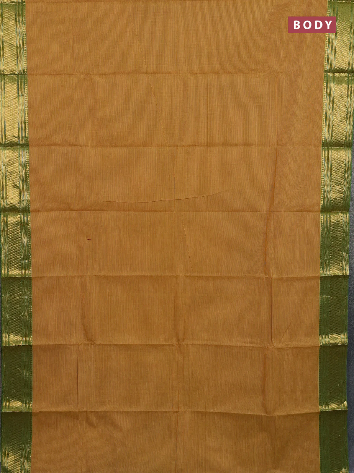 Chettinad cotton saree mustard yellow and green with allover small checked pattern and zari woven border - Image 2