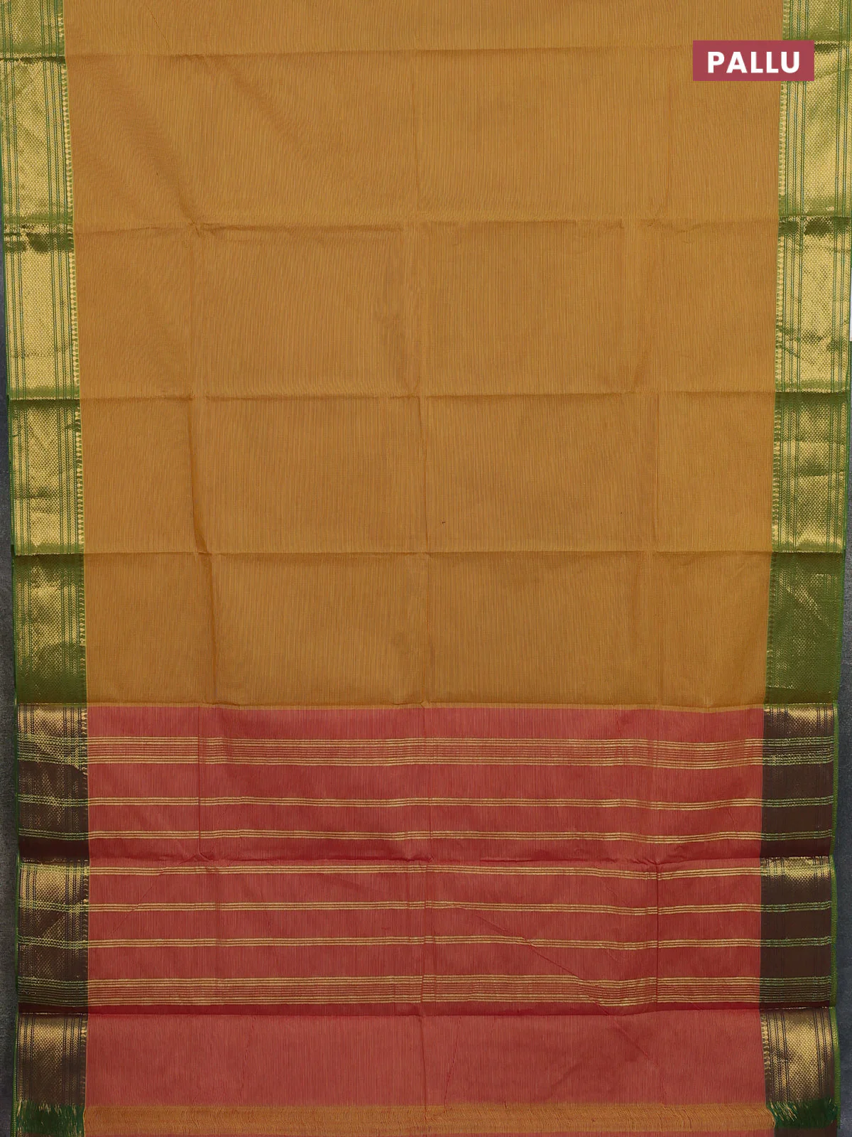 Chettinad cotton saree mustard yellow and green with allover small checked pattern and zari woven border - Image 3