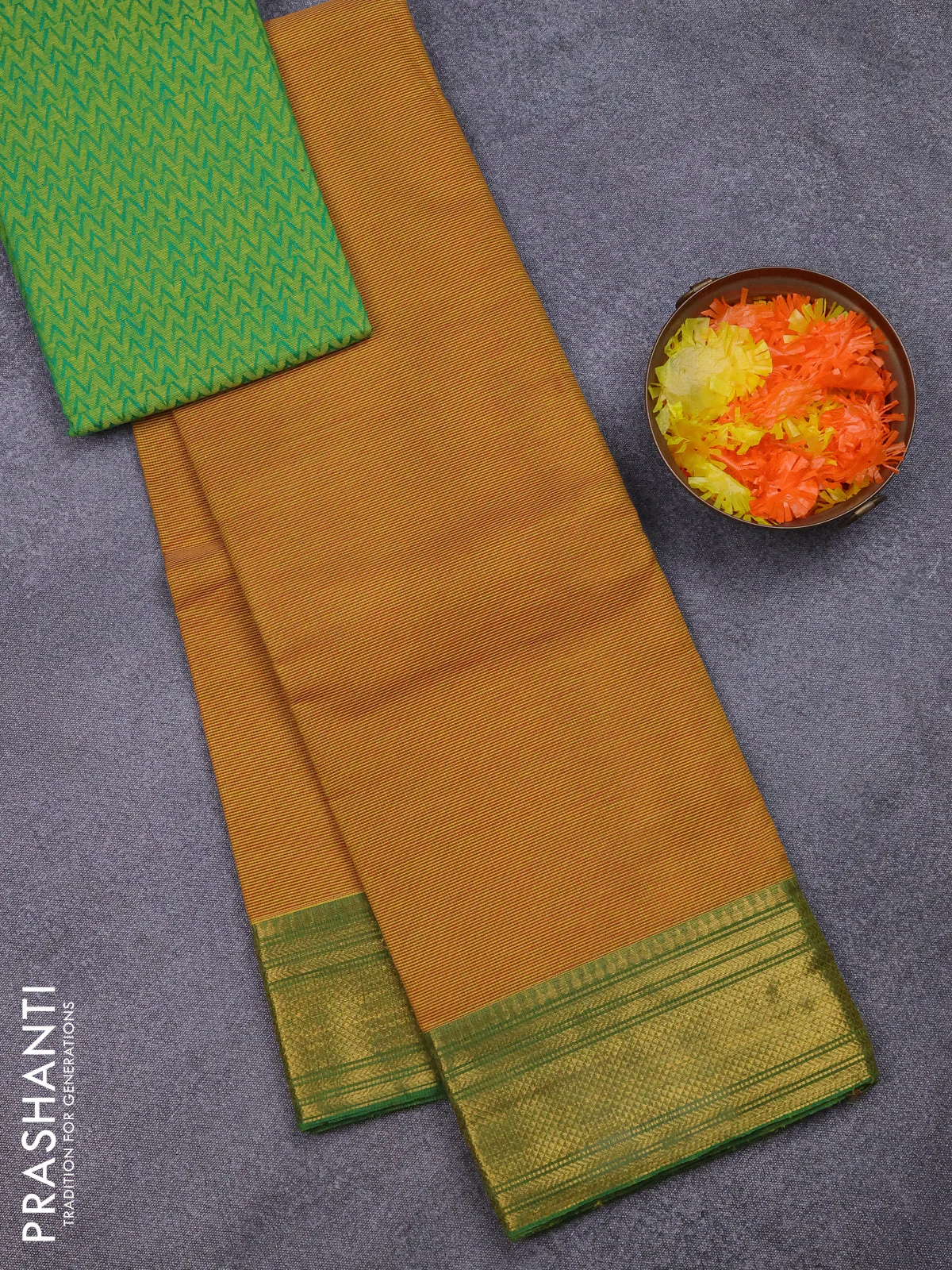 Chettinad cotton saree mustard yellow and green with allover small checked pattern and zari woven border