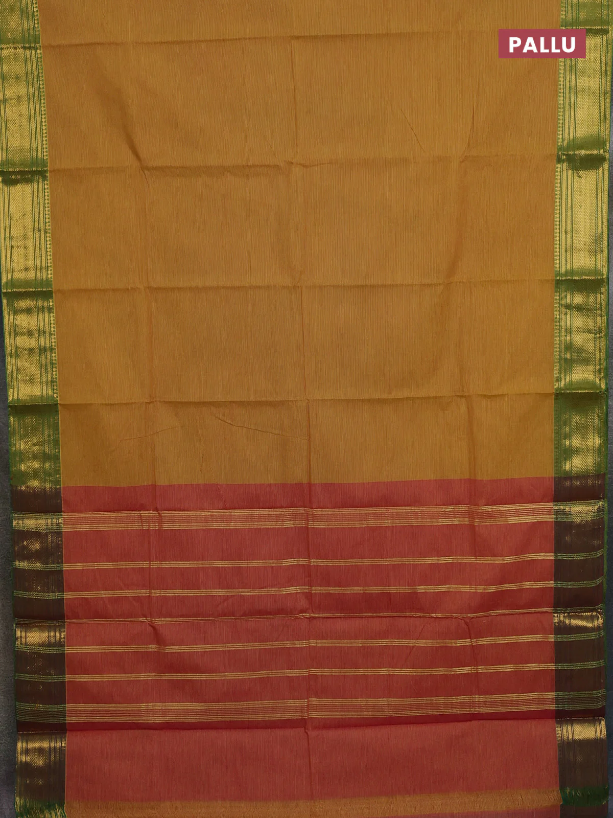 Chettinad cotton saree mustard yellow and green with allover small checked pattern and zari woven border - Image 3
