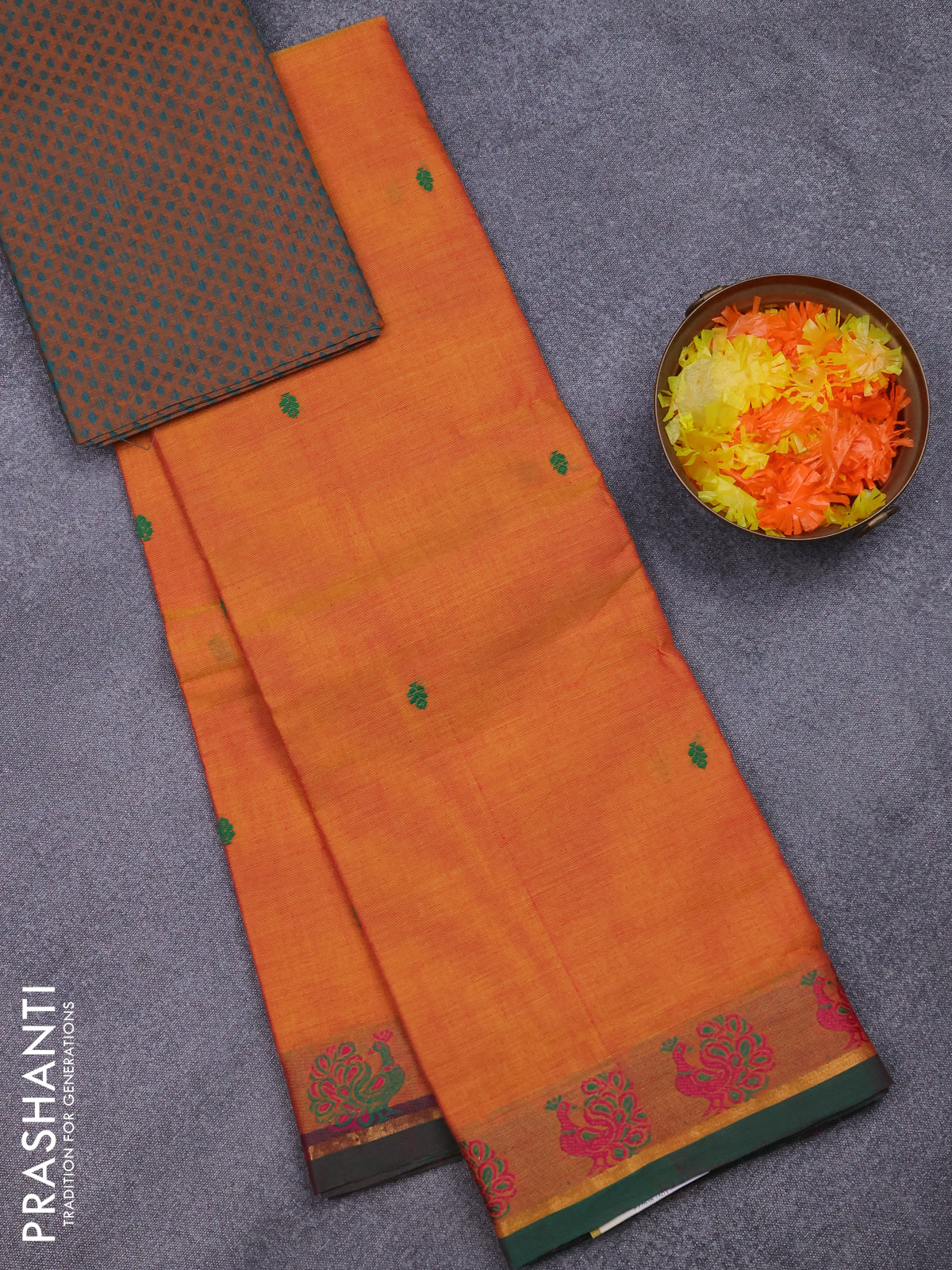 Chettinad cotton saree mustard yellow and green with thread woven buttas and thread woven border