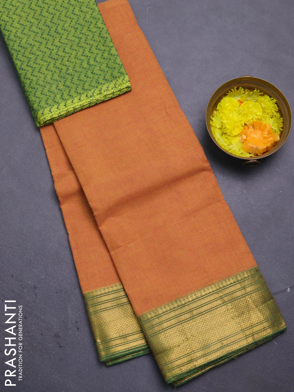 Chettinad cotton saree mustard yellow and lime green with allover small checked pattern and zari woven border