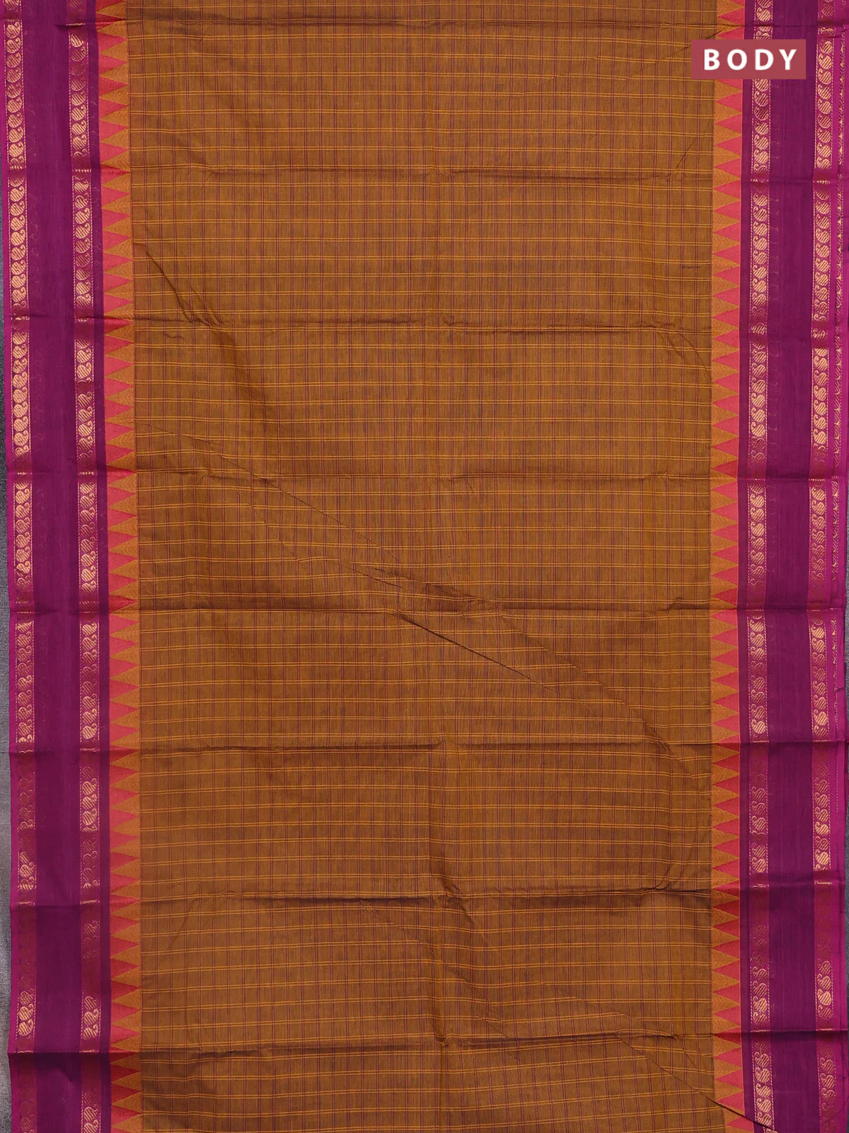 Chettinad cotton saree mustard yellow and magenta pink with allover checked pattern and temple design paisley zari woven border - Image 2