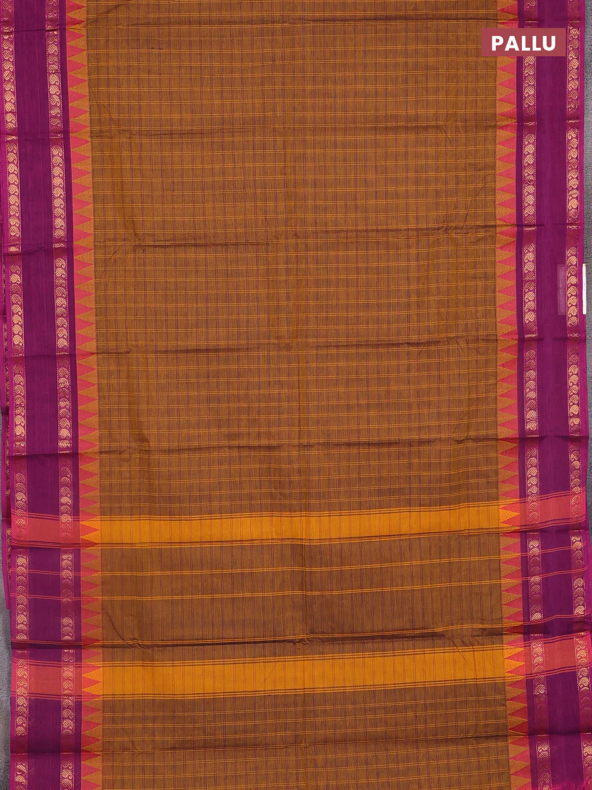 Chettinad cotton saree mustard yellow and magenta pink with allover checked pattern and temple design paisley zari woven border - Image 3