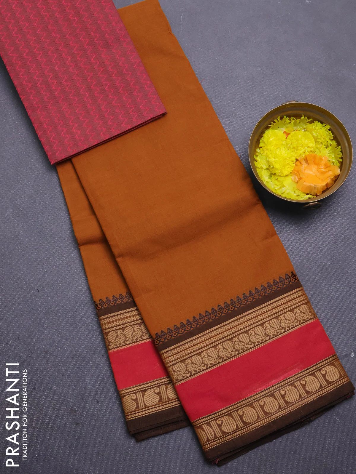 Chettinad cotton saree mustard yellow and pink with plain body and rettapet thread woven border