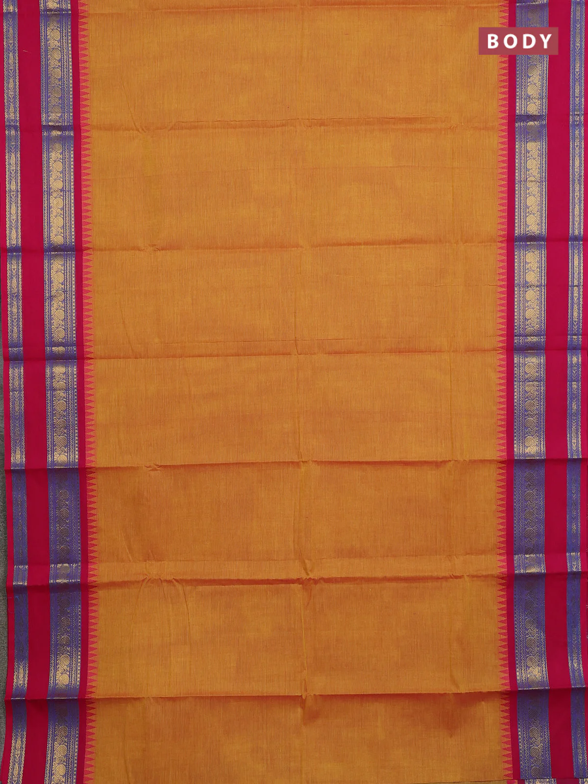 Chettinad cotton saree mustard yellow and pink with plain body and temple design rettapet zari woven border - Image 2