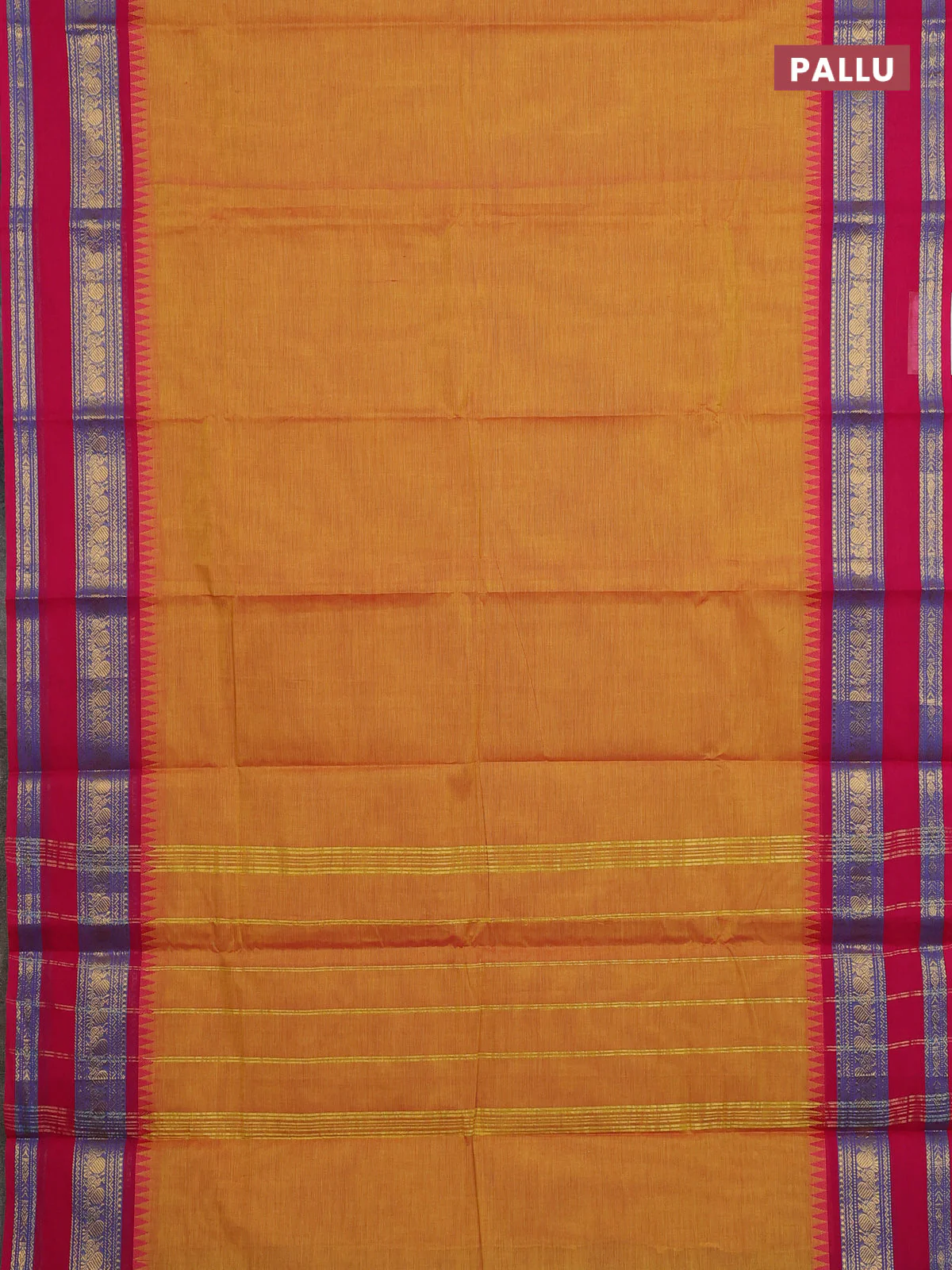 Chettinad cotton saree mustard yellow and pink with plain body and temple design rettapet zari woven border - Image 3