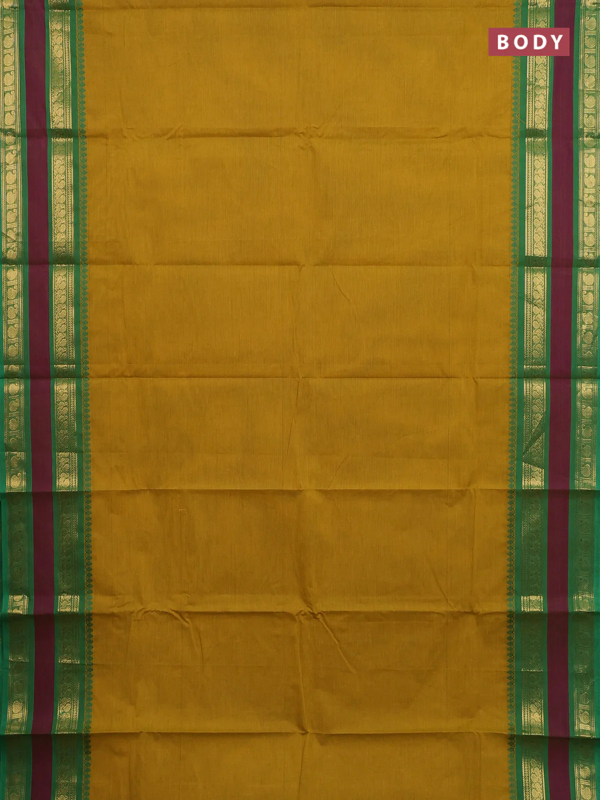 Chettinad cotton saree mustard yellow and purple with plain body and rettapet zari woven border - Image 2