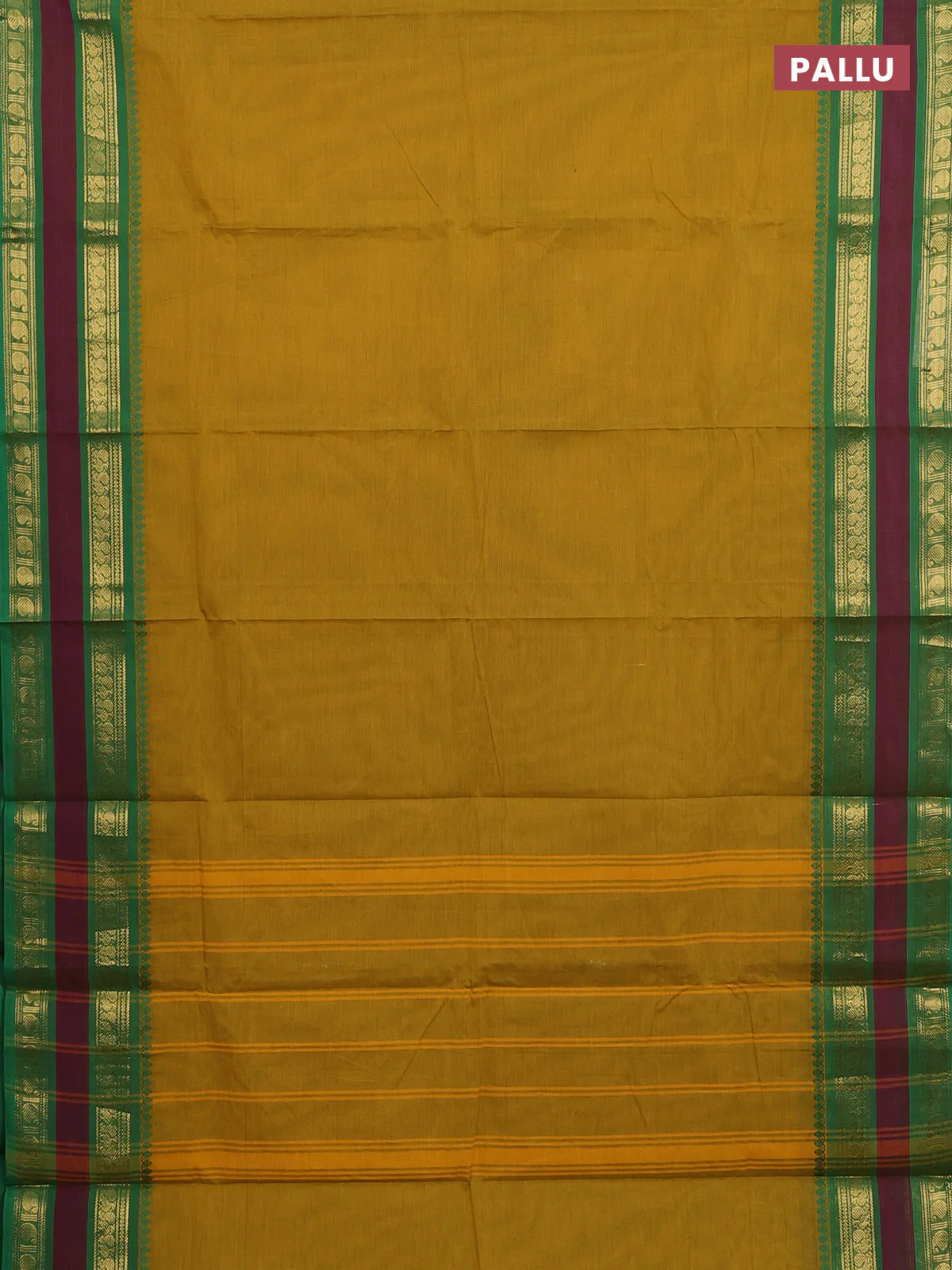 Chettinad cotton saree mustard yellow and purple with plain body and rettapet zari woven border - Image 3