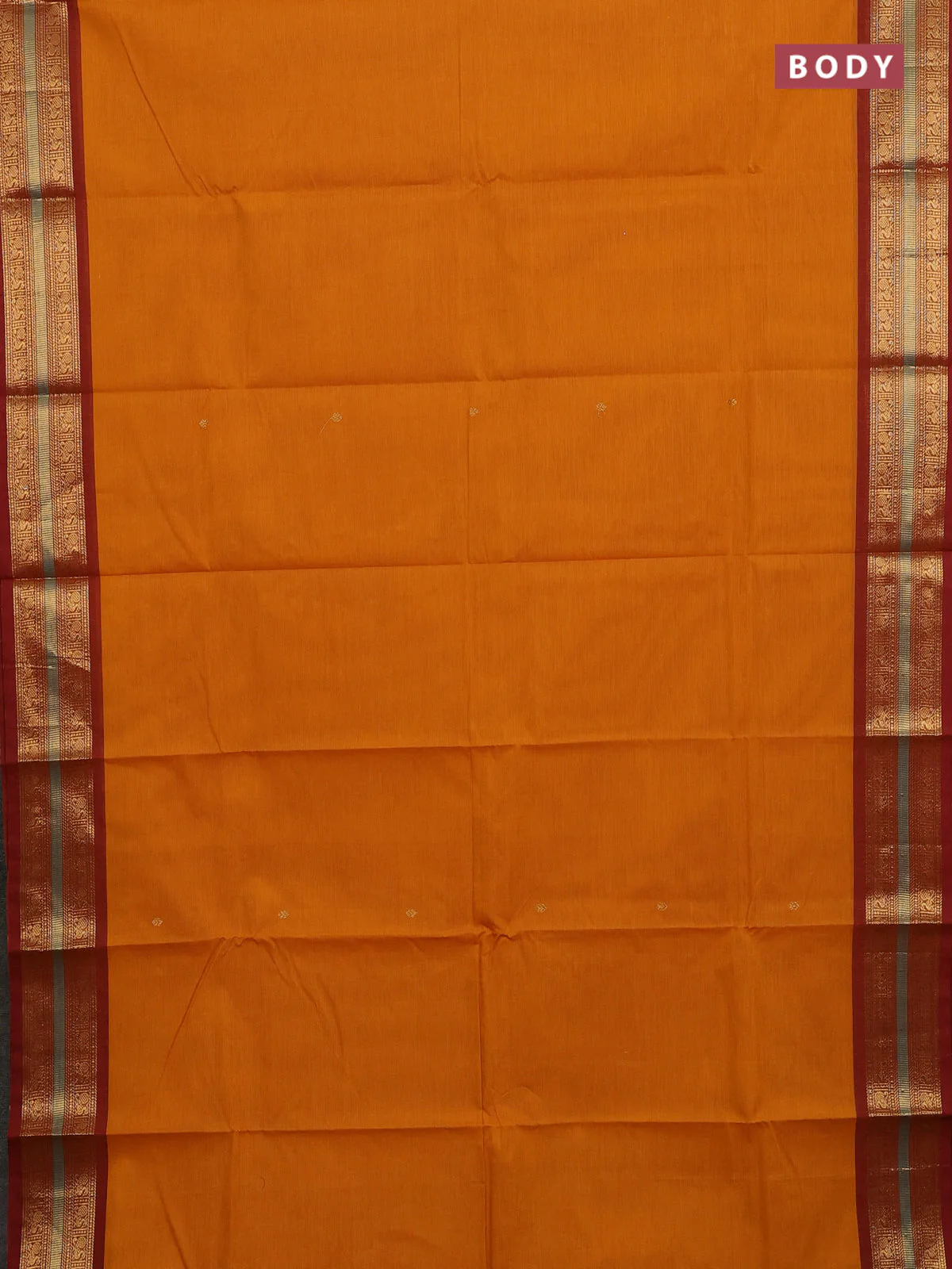 Chettinad cotton saree mustard yellow and rust shade with zari woven buttas and zari woven border - Image 2