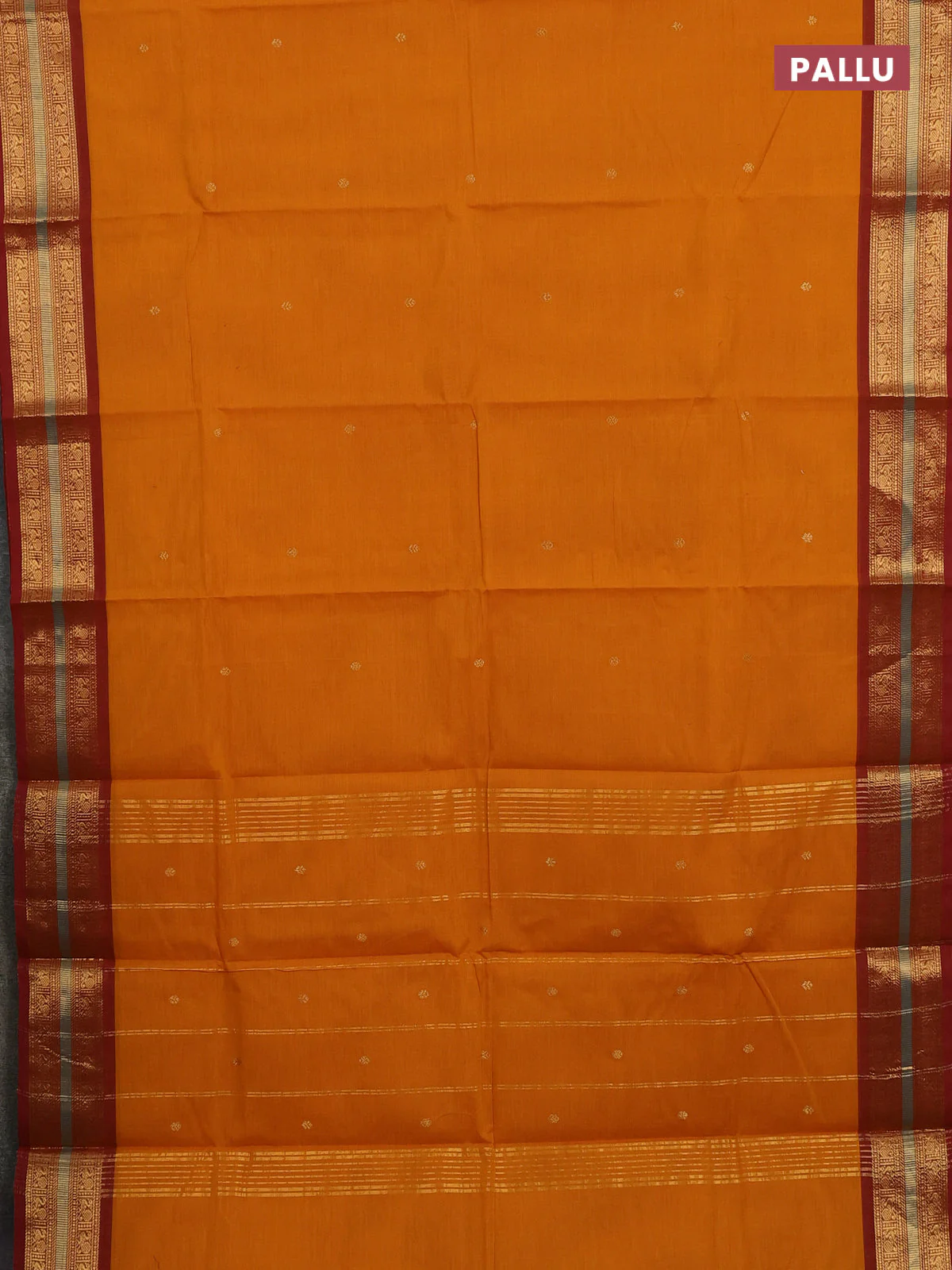 Chettinad cotton saree mustard yellow and rust shade with zari woven buttas and zari woven border - Image 3