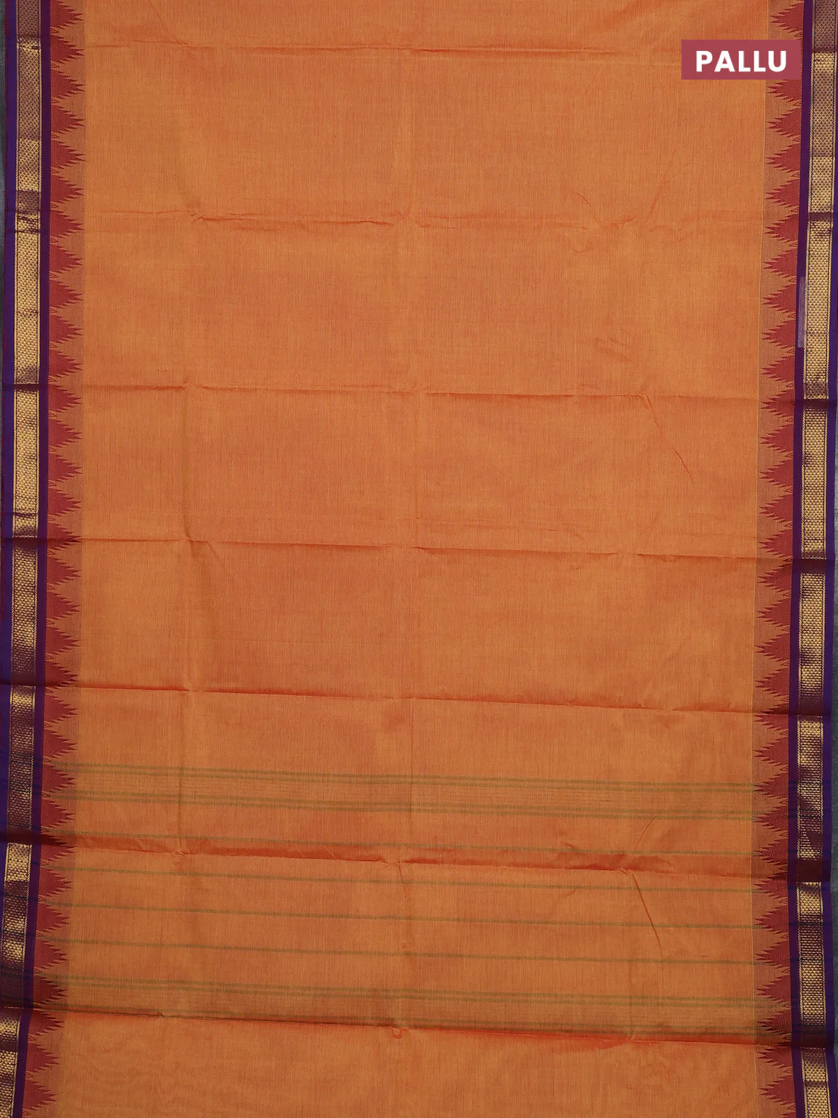Chettinad cotton saree mustard yellow and violet with plain body and temple design zari woven border - Image 3