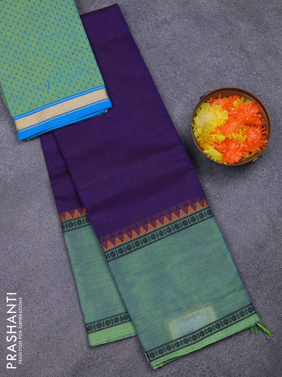 Chettinad cotton saree navy blue and light green with plain body and temple design rettapet thread woven border
