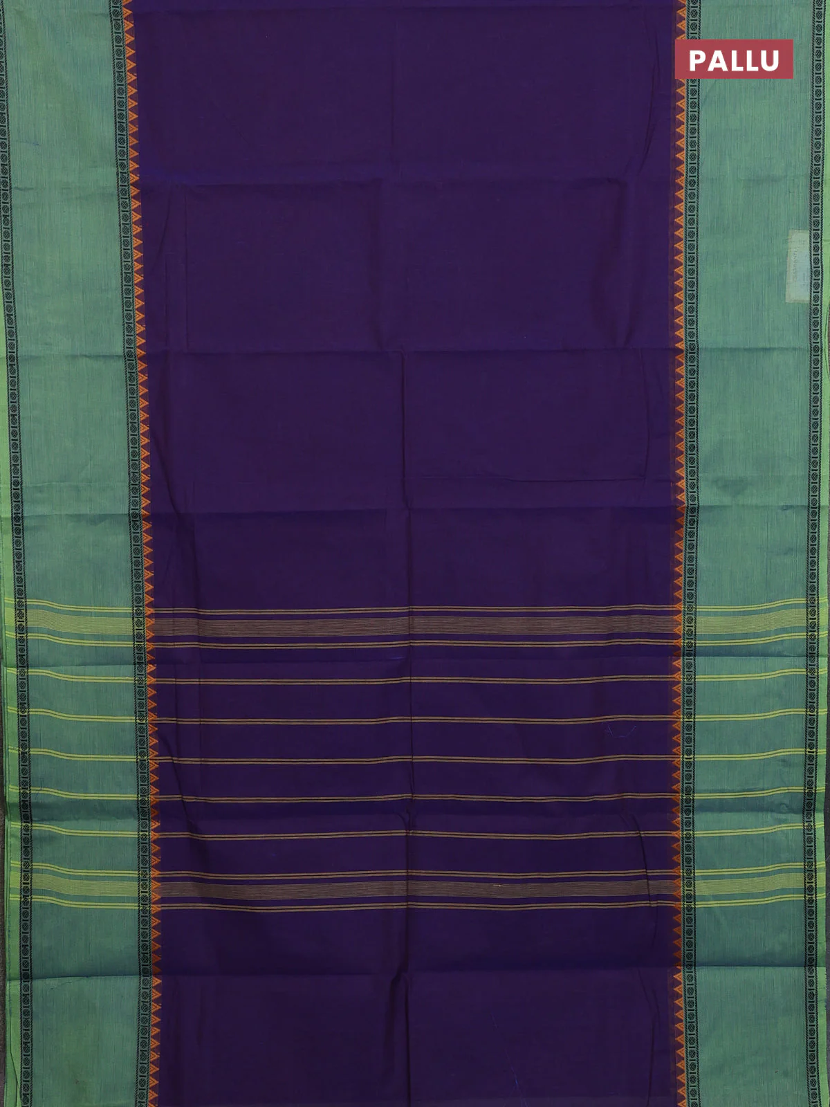 Chettinad cotton saree navy blue and light green with plain body and temple design rettapet thread woven border - Image 3