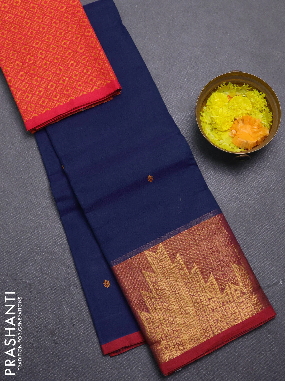 Chettinad cotton saree navy blue and maroon with thread woven buttas and zari woven border