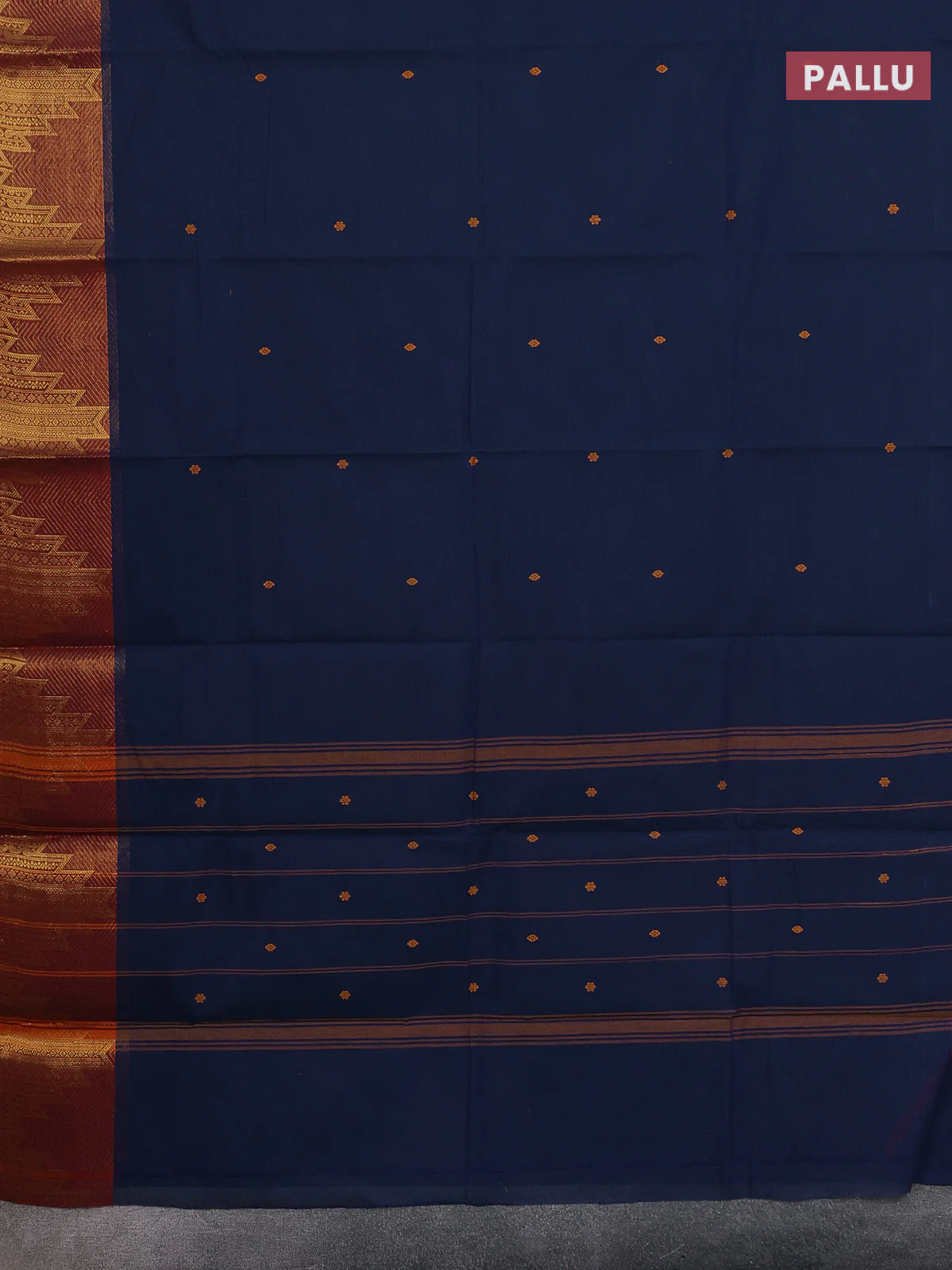 Chettinad cotton saree navy blue and maroon with thread woven buttas and zari woven border - Image 3