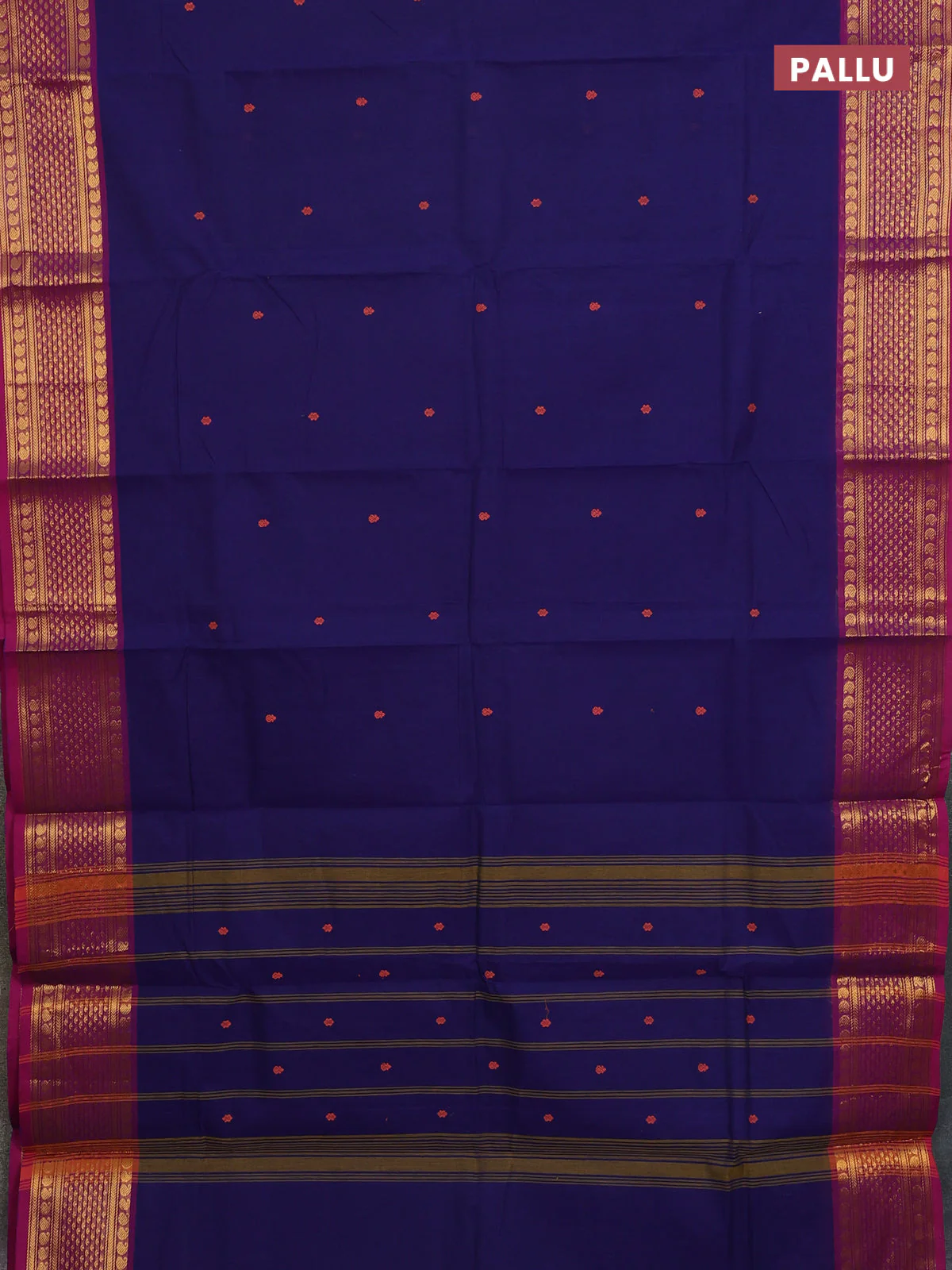 Chettinad cotton saree navy blue and purple with thread woven buttas and rettapet paisley zari woven butta border - Image 3