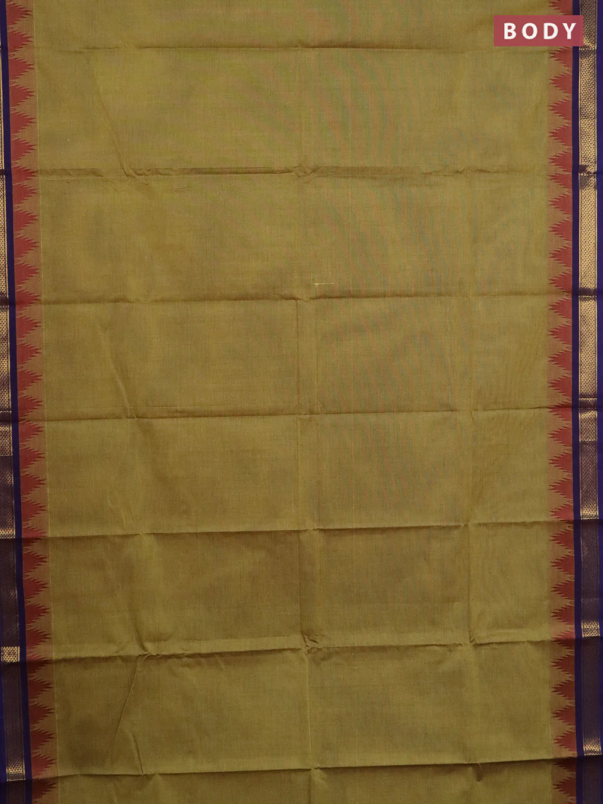 Chettinad cotton saree olive green and blue with plain body and temple design zari woven border - Image 2