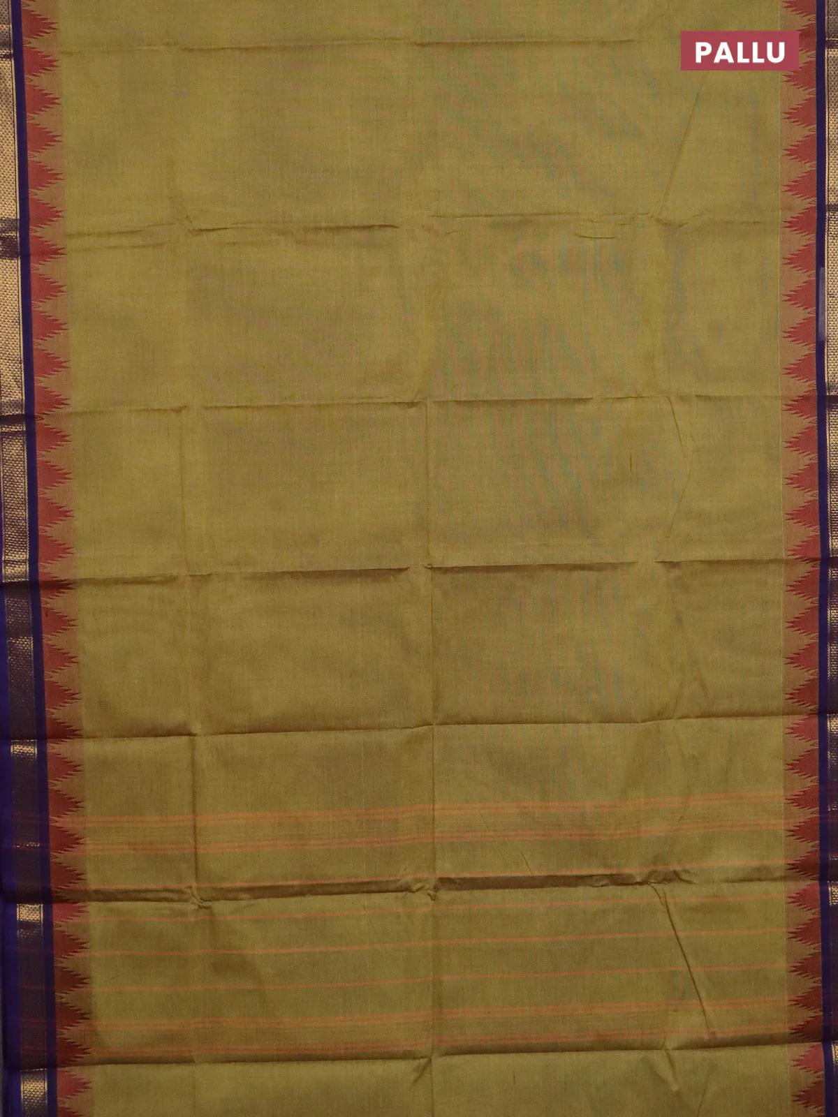 Chettinad cotton saree olive green and blue with plain body and temple design zari woven border - Image 3