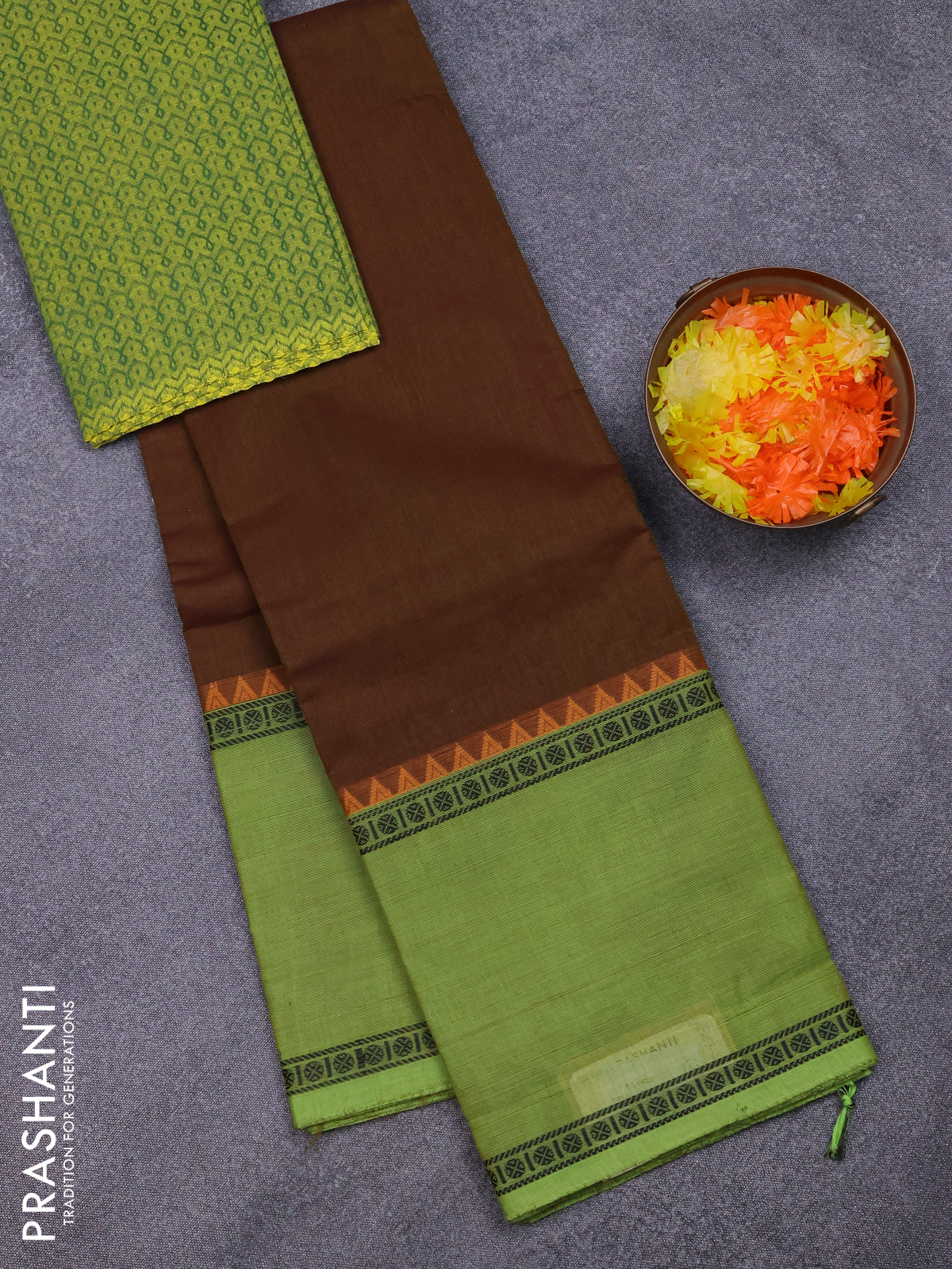 Chettinad cotton saree olive green and light green with plain body and temple design rettapet thread woven border