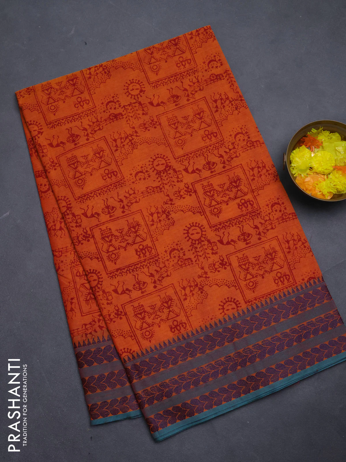 Chettinad cotton saree orange and blue shade with allover warli prints and thread woven border