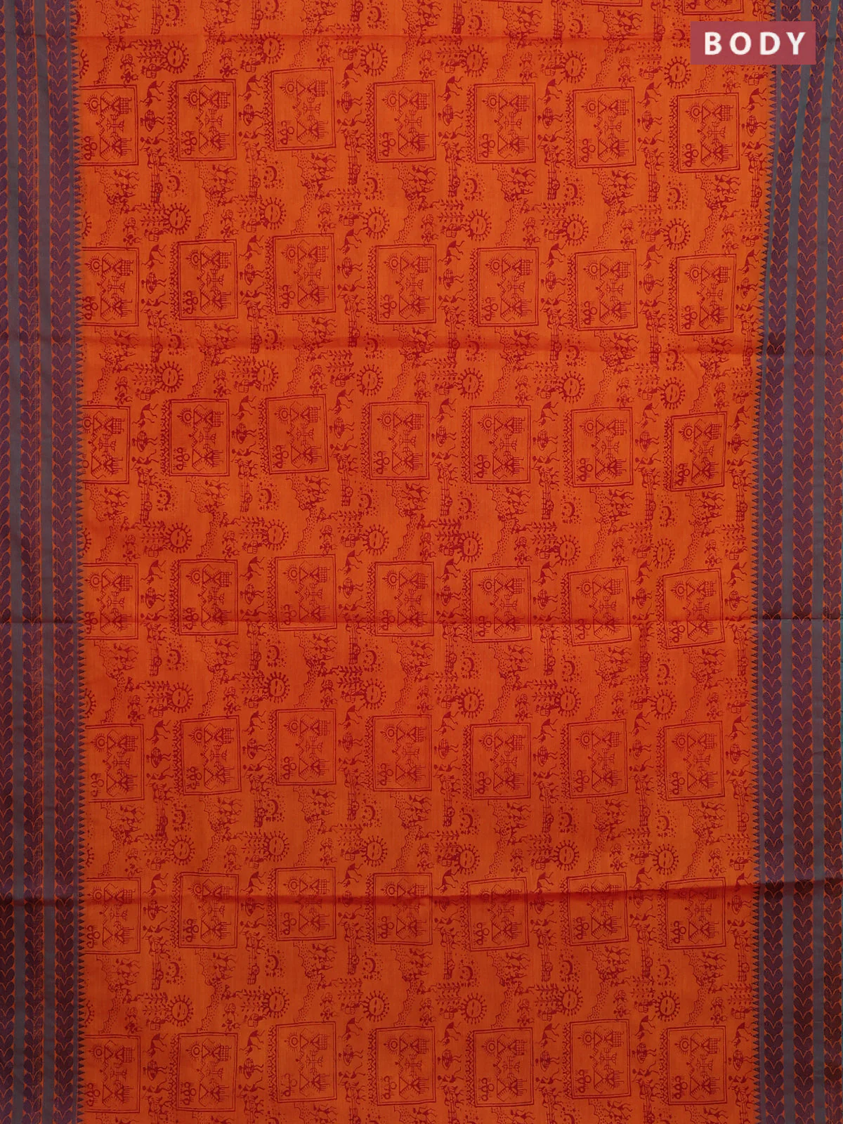 Chettinad cotton saree orange and blue shade with allover warli prints and thread woven border - Image 2