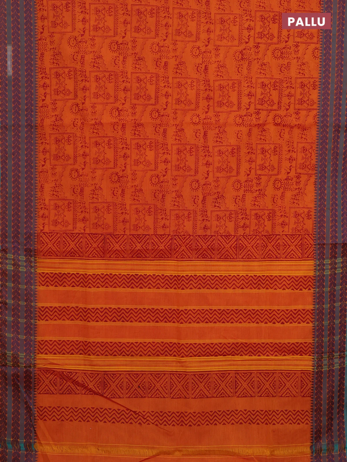 Chettinad cotton saree orange and blue shade with allover warli prints and thread woven border - Image 3