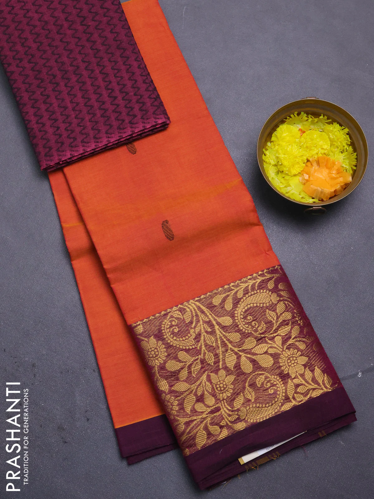 Chettinad cotton saree orange and deep maroon with paisley thread woven buttas and zari woven border
