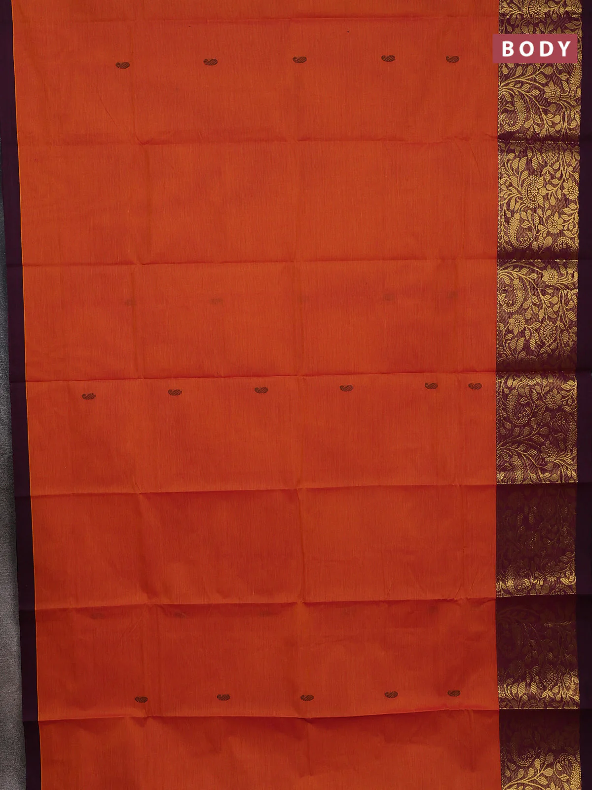 Chettinad cotton saree orange and deep maroon with paisley thread woven buttas and zari woven border - Image 2