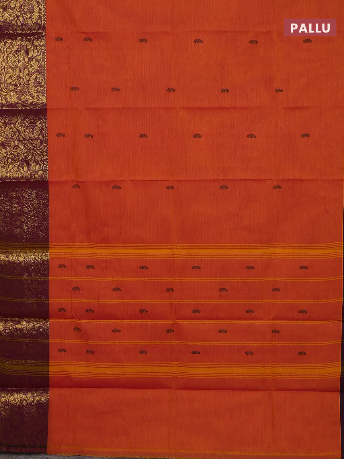 Chettinad cotton saree orange and deep maroon with paisley thread woven buttas and zari woven border - Image 3