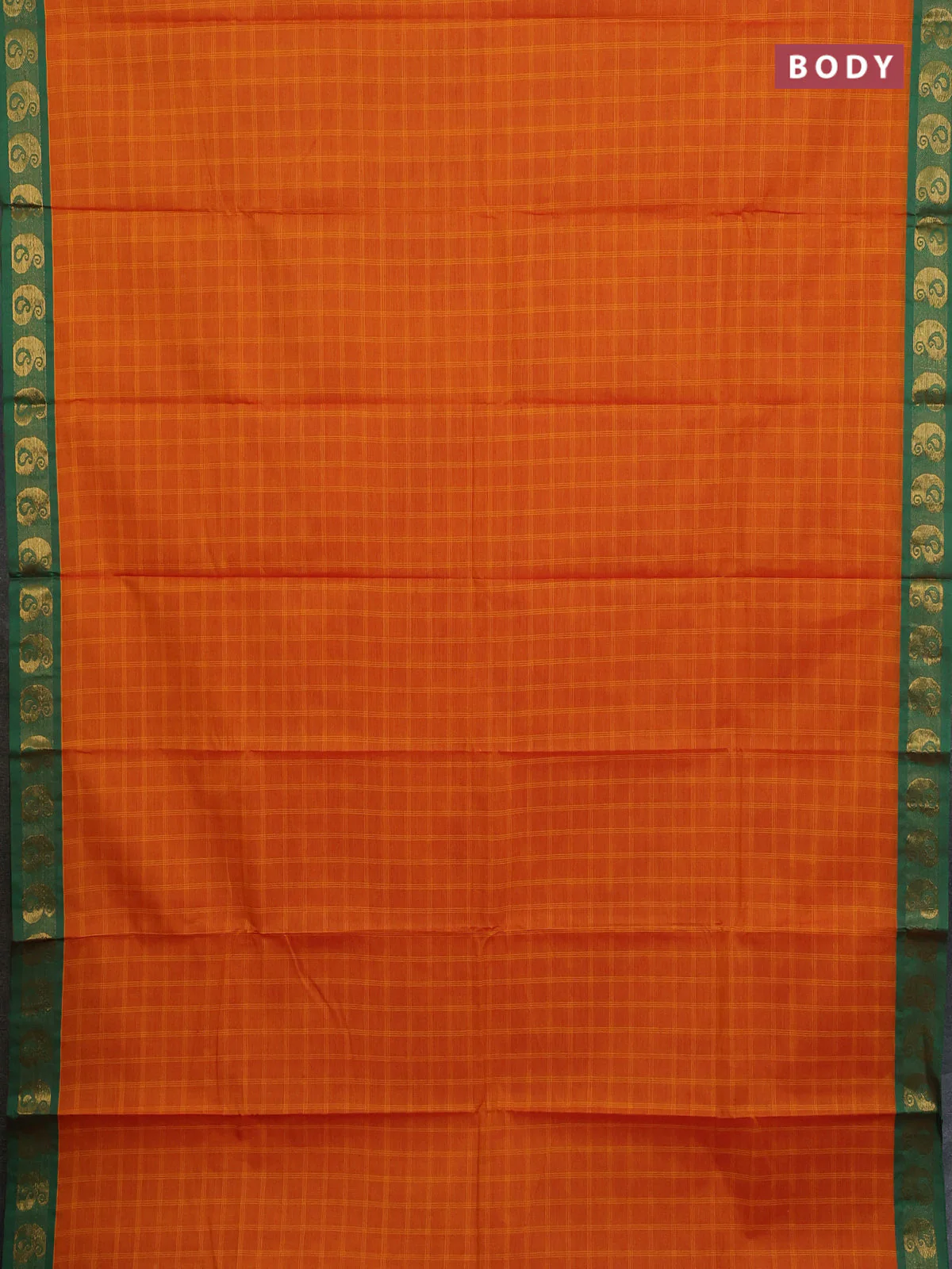 Chettinad cotton saree orange and green with allover checked pattern and paisley zari woven border - Image 2