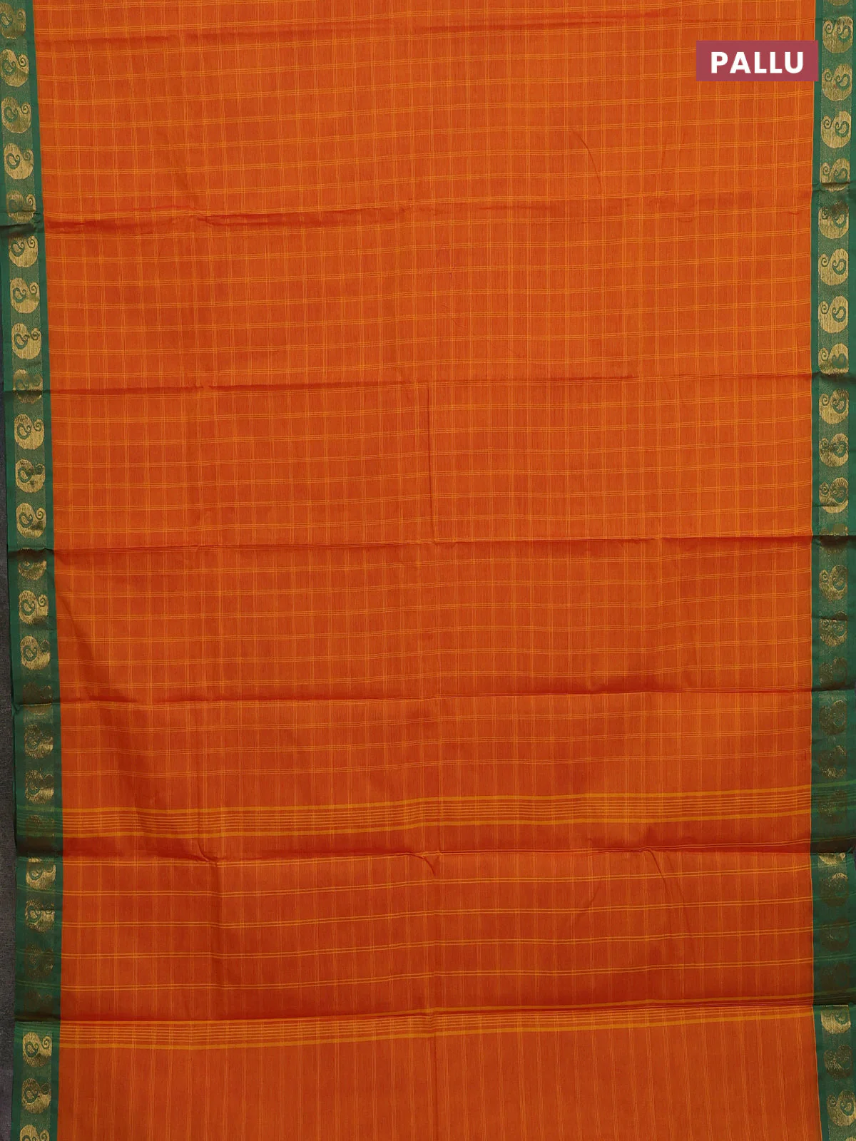 Chettinad cotton saree orange and green with allover checked pattern and paisley zari woven border - Image 3