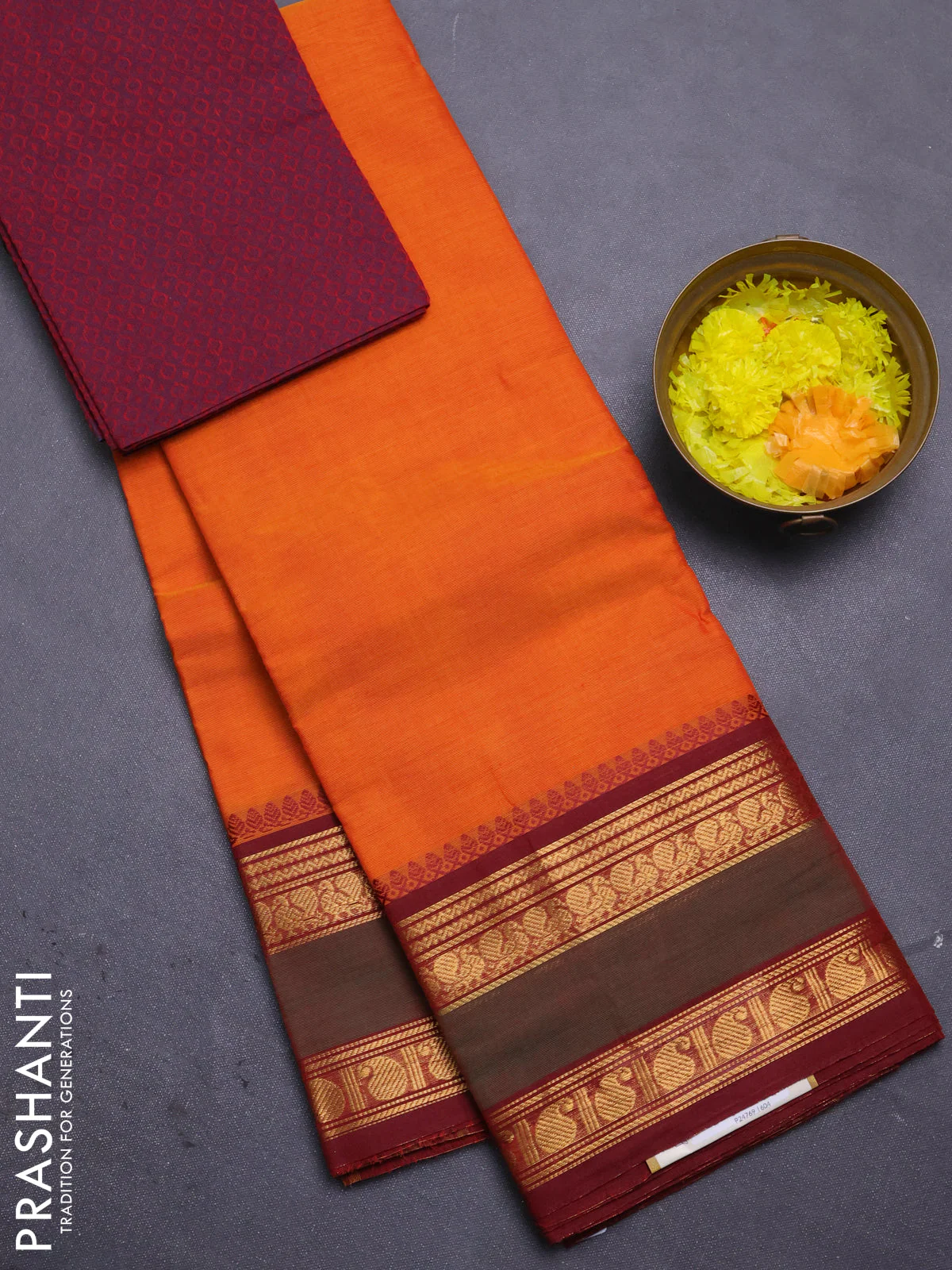 Chettinad cotton saree orange and maroon with plain body and rettapet zari woven border
