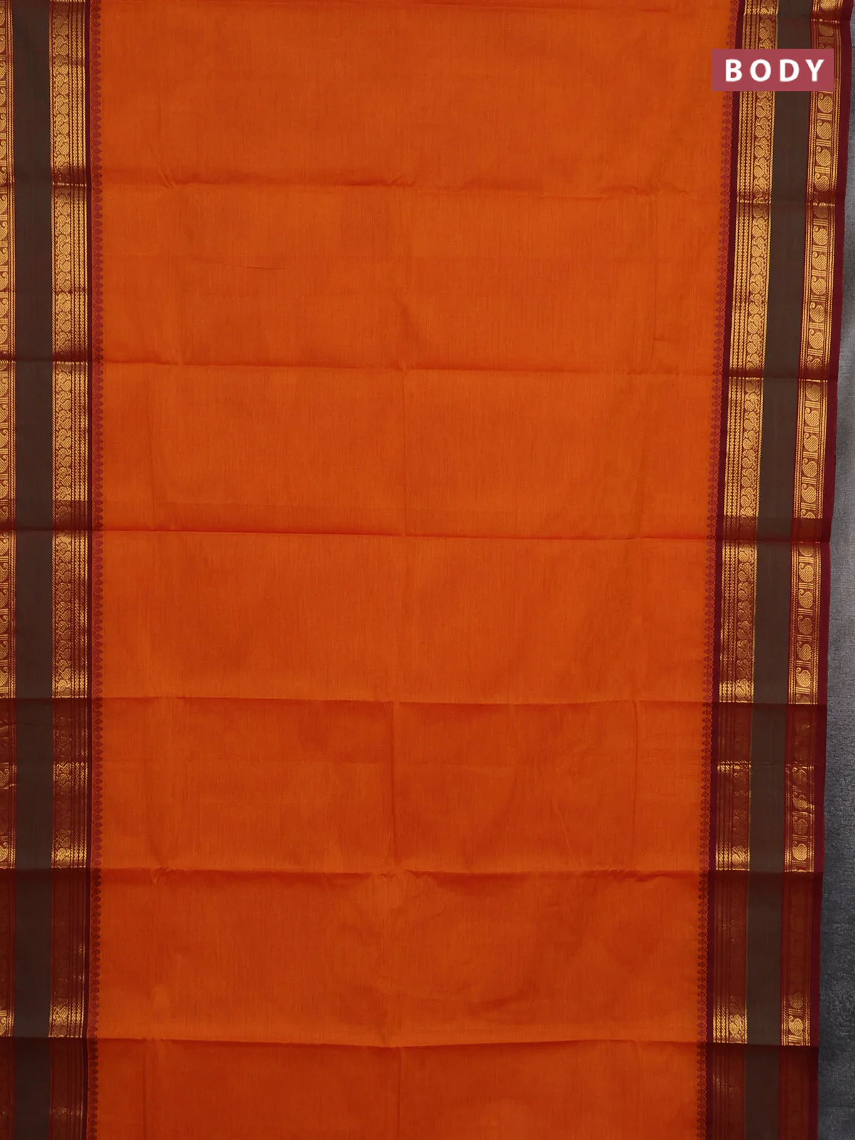 Chettinad cotton saree orange and maroon with plain body and rettapet zari woven border - Image 2