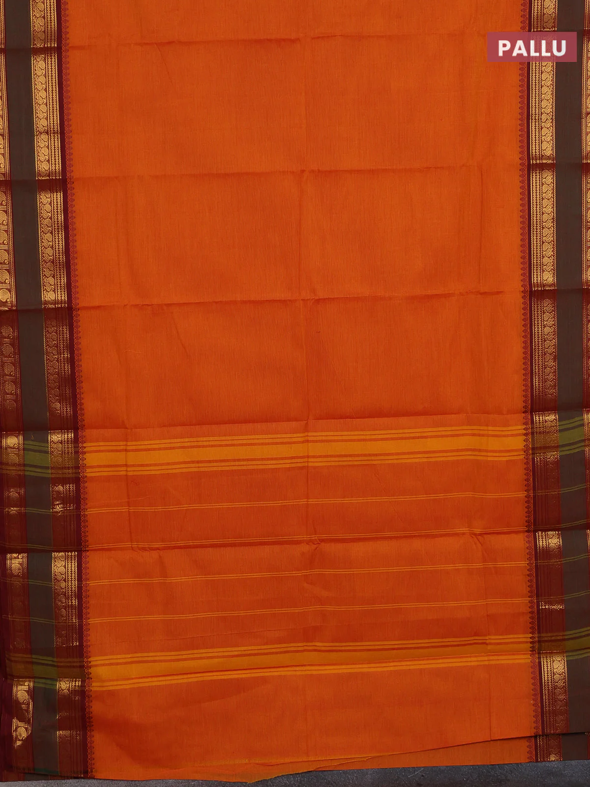 Chettinad cotton saree orange and maroon with plain body and rettapet zari woven border - Image 3