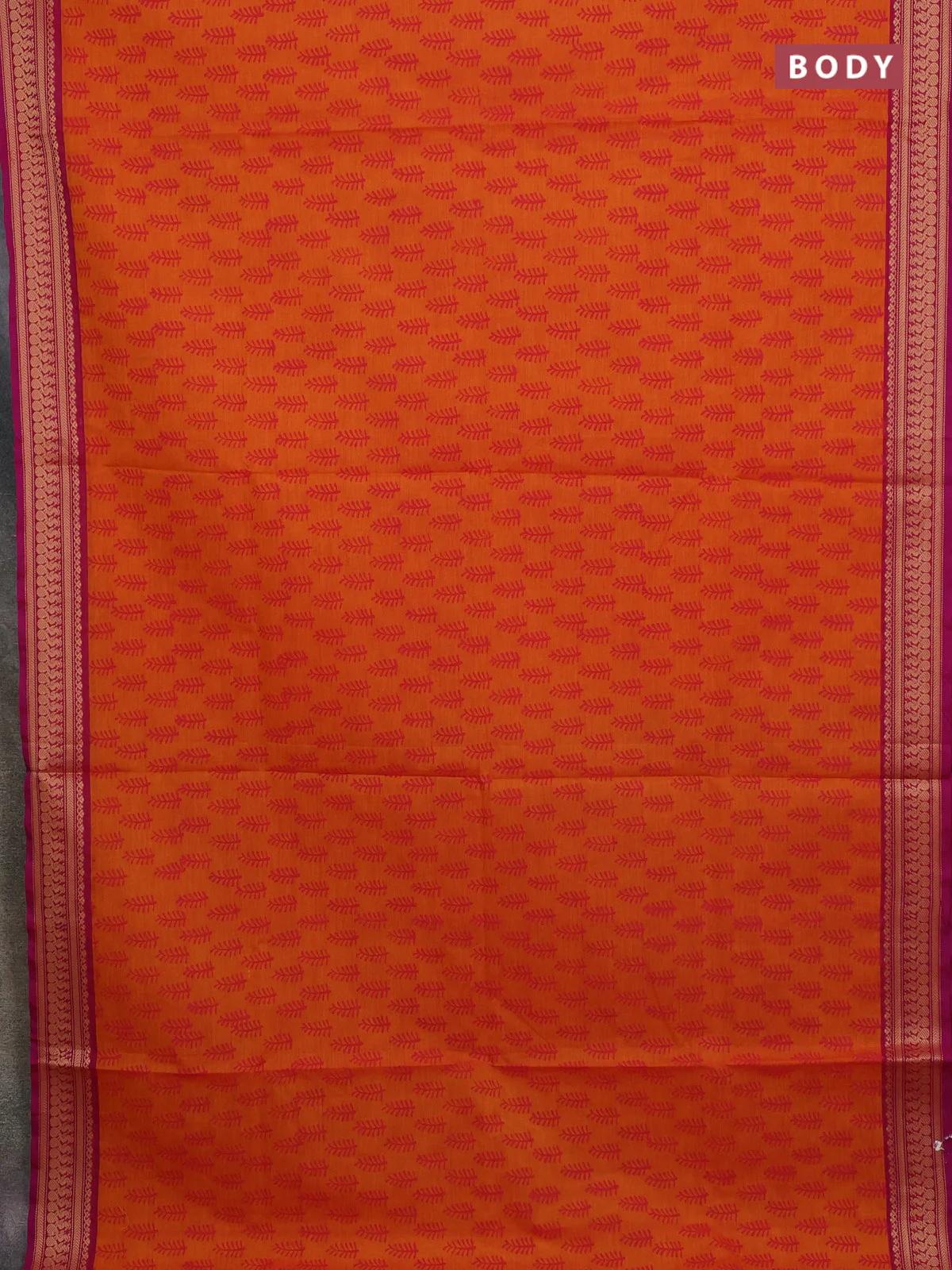 Chettinad cotton saree orange and purple with allover prints and thread woven border - Image 2