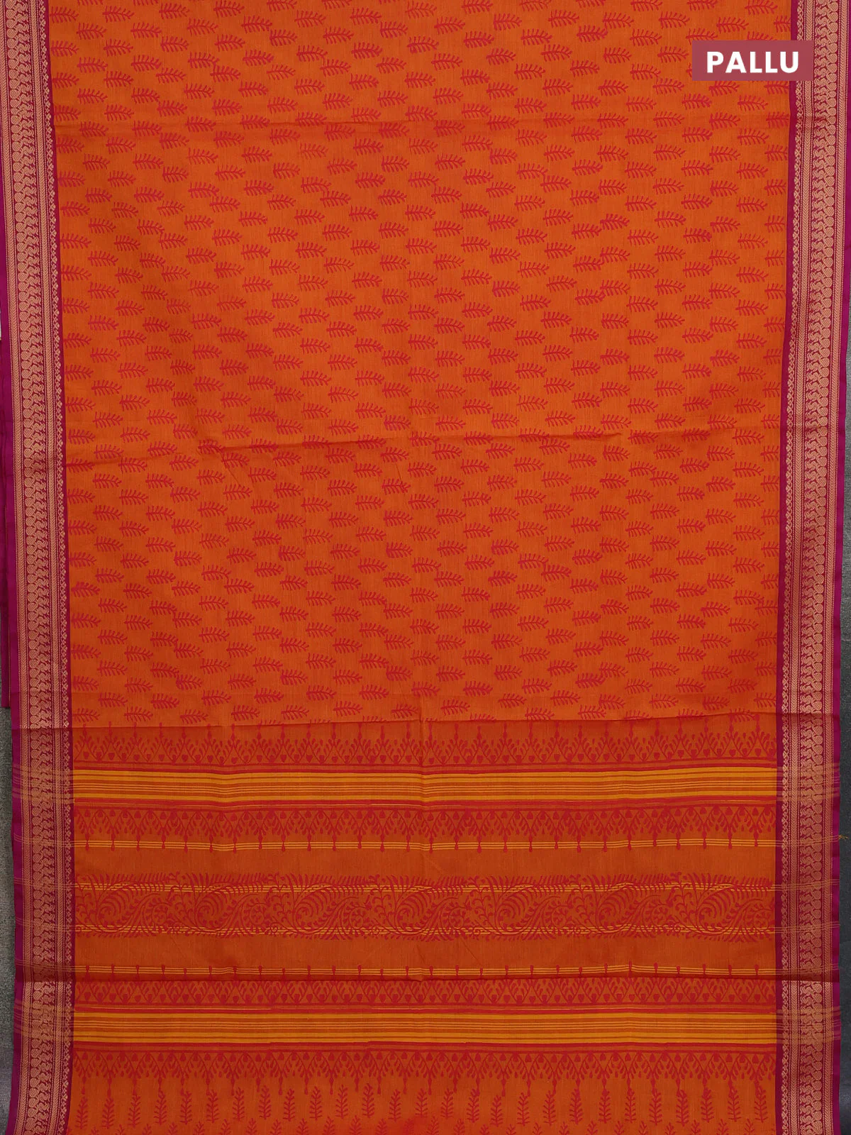Chettinad cotton saree orange and purple with allover prints and thread woven border - Image 3