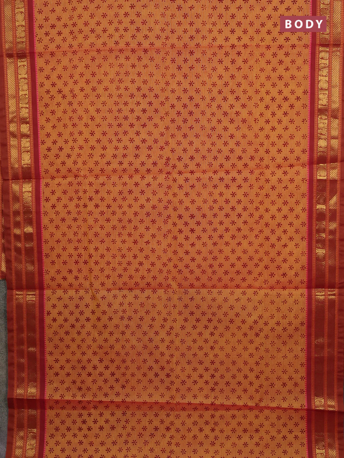 Chettinad cotton saree orange and rust shade with allover butta prints and zari woven border - Image 2
