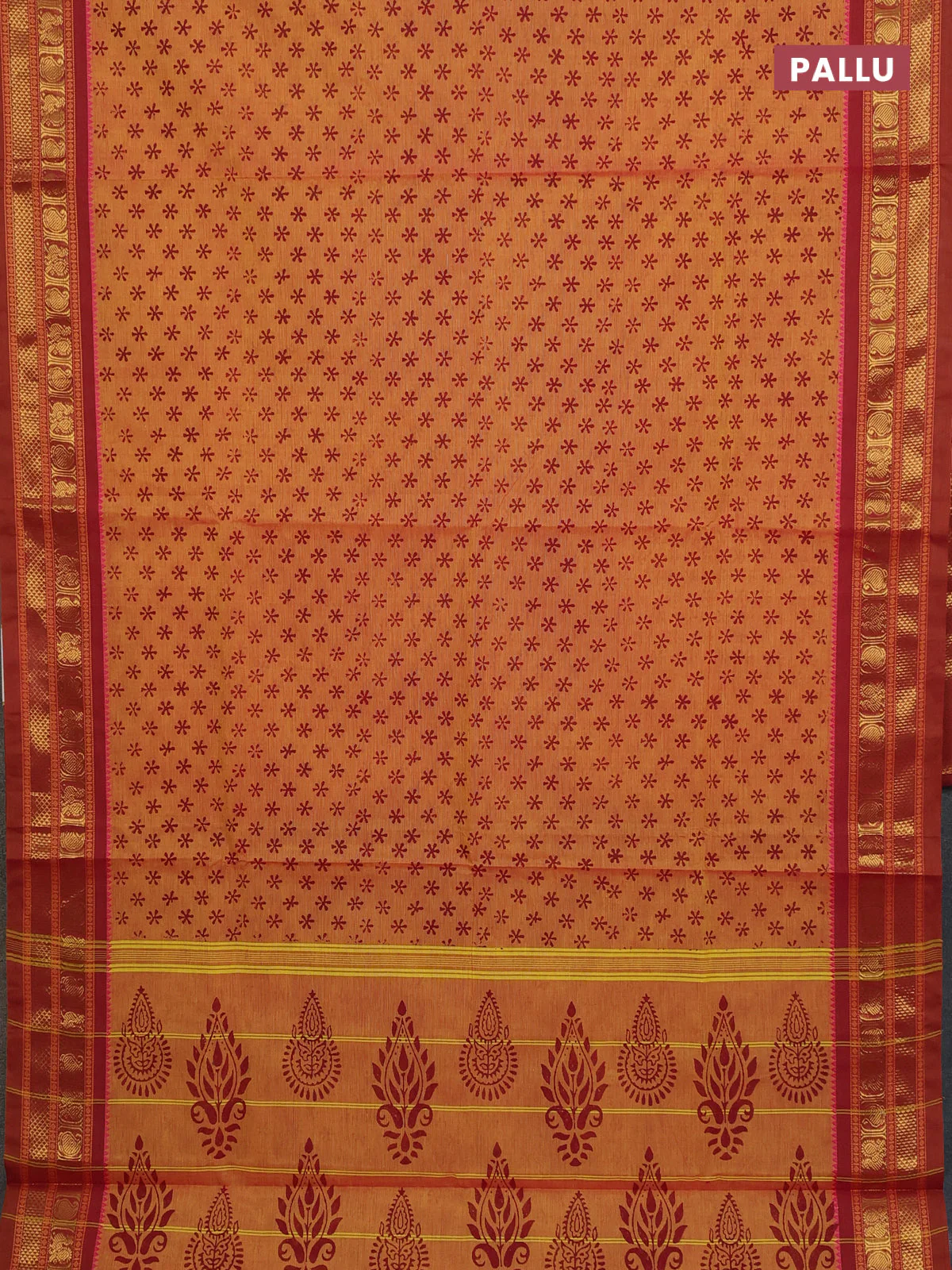 Chettinad cotton saree orange and rust shade with allover butta prints and zari woven border - Image 3