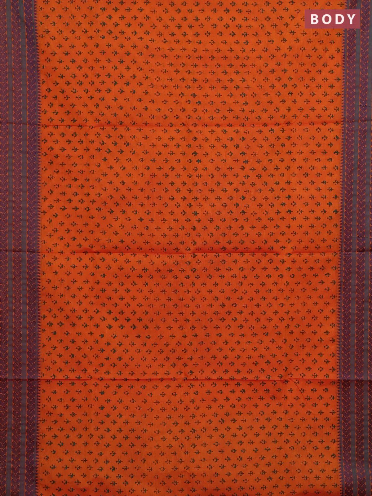 Chettinad cotton saree orange and teal green with allover prints and thread woven border - Image 2