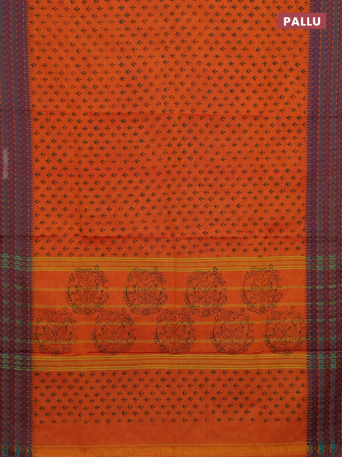Chettinad cotton saree orange and teal green with allover prints and thread woven border - Image 3