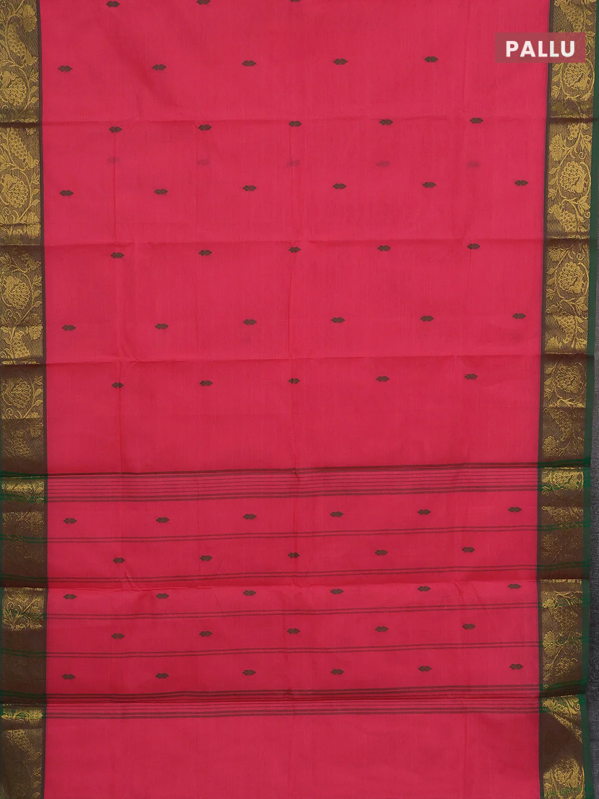 Chettinad cotton saree peach pink and dual shade of green with thread woven buttas and peacock zari woven border - Image 3